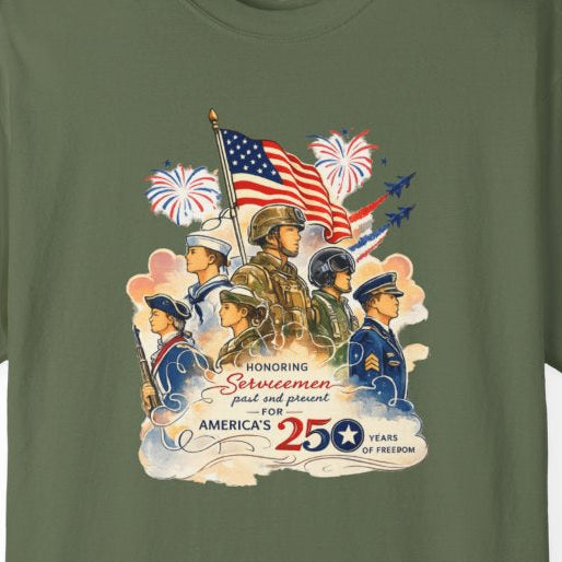Celebrate 250 years of American freedom with this patriotic tribute honoring the brave servicemen and women who have defended our nation throughout history. Featuring military-inspired artwork, the American flag, and commemorative America 250 graphics, this shirt is perfect for veterans, active-duty personnel, military families, and patriotic Americans.