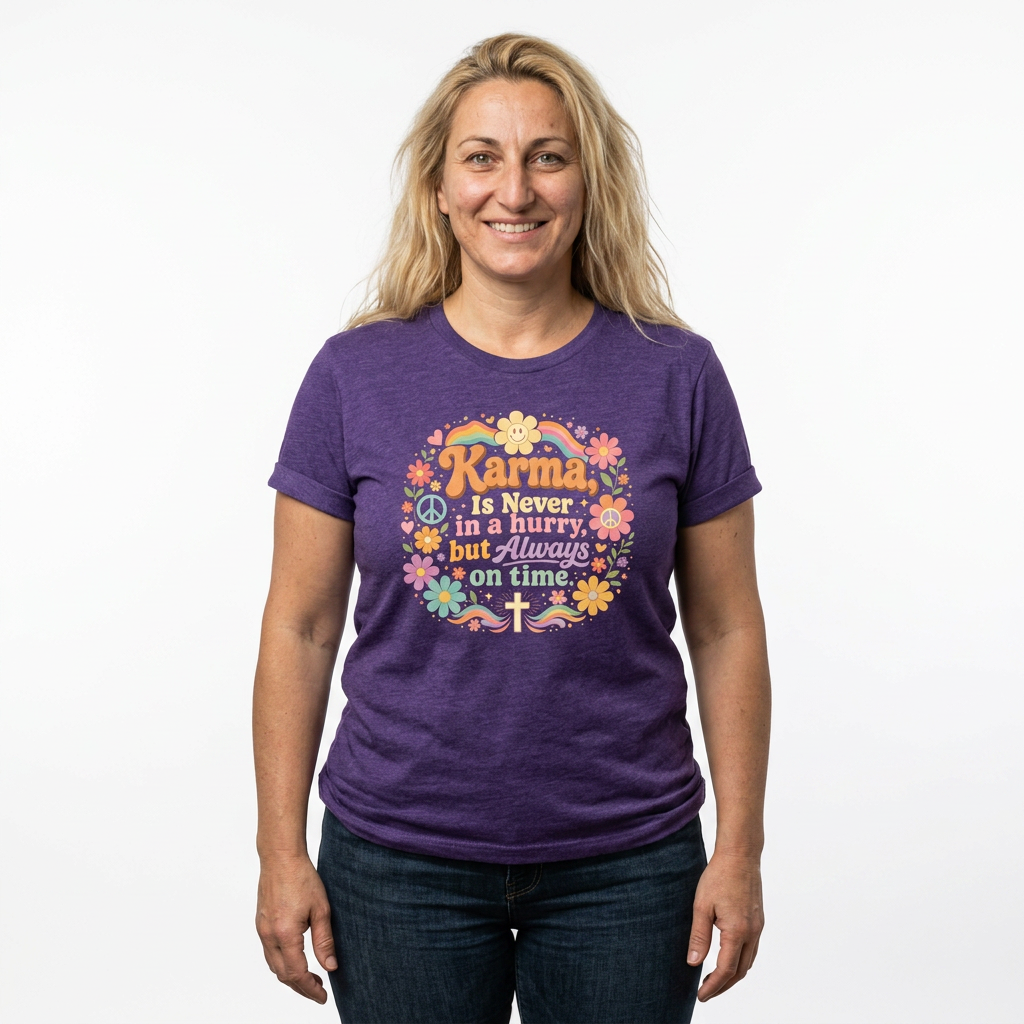 Karma Is Never In A Hurry Floral Women's Tee — Retro Peace & Flower Power Graphic Shirt