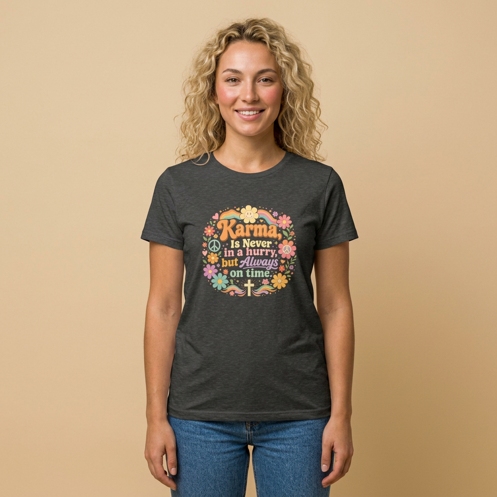 Karma Is Never In A Hurry Floral Women's Tee — Retro Peace & Flower Power Graphic Shirt