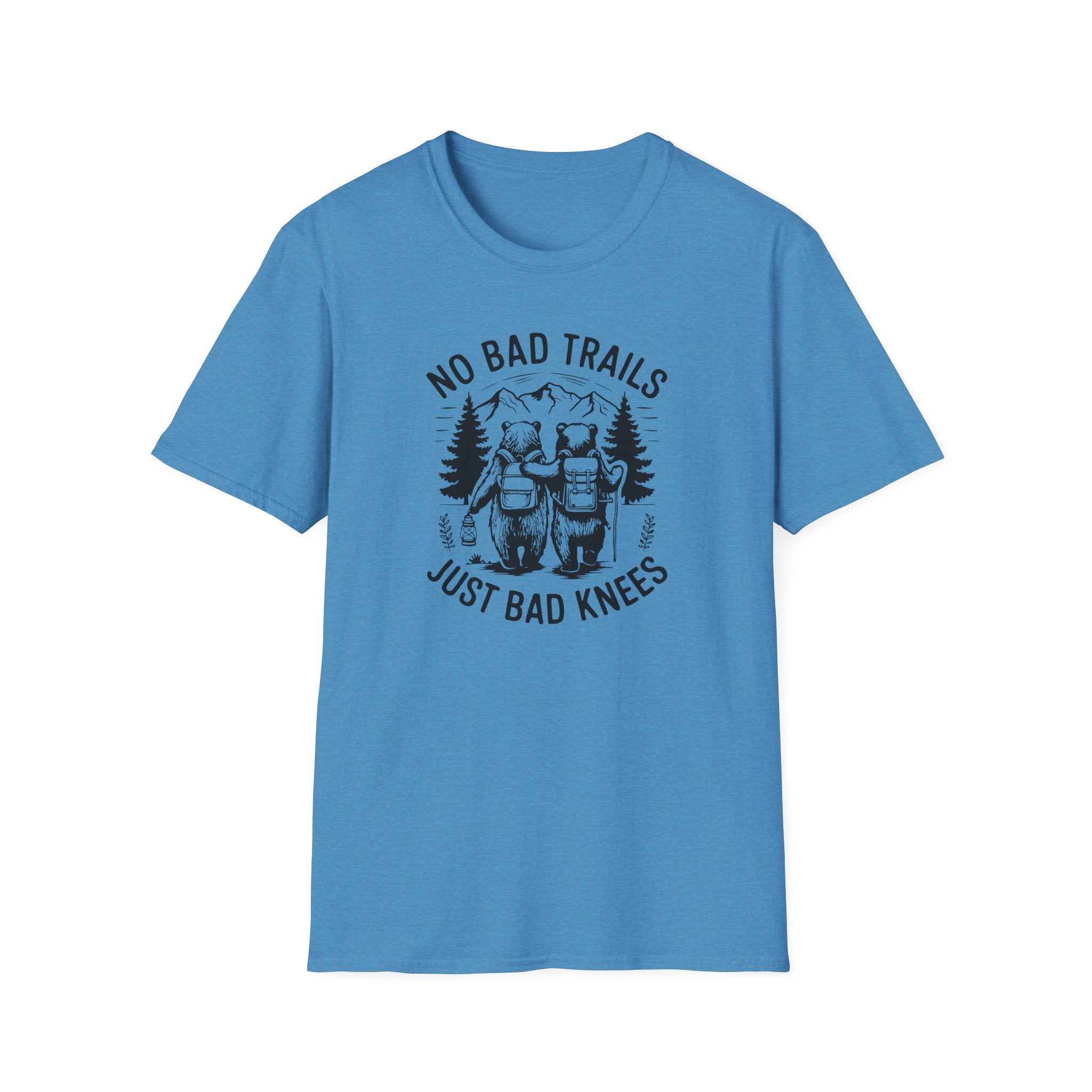 Funny Outdoor Adventure Unisex T-Shirt | No Bad Trails Just Bad Knees | Hiking Gift, Camping Tee, Nature Lover Shirt, Funny Gift