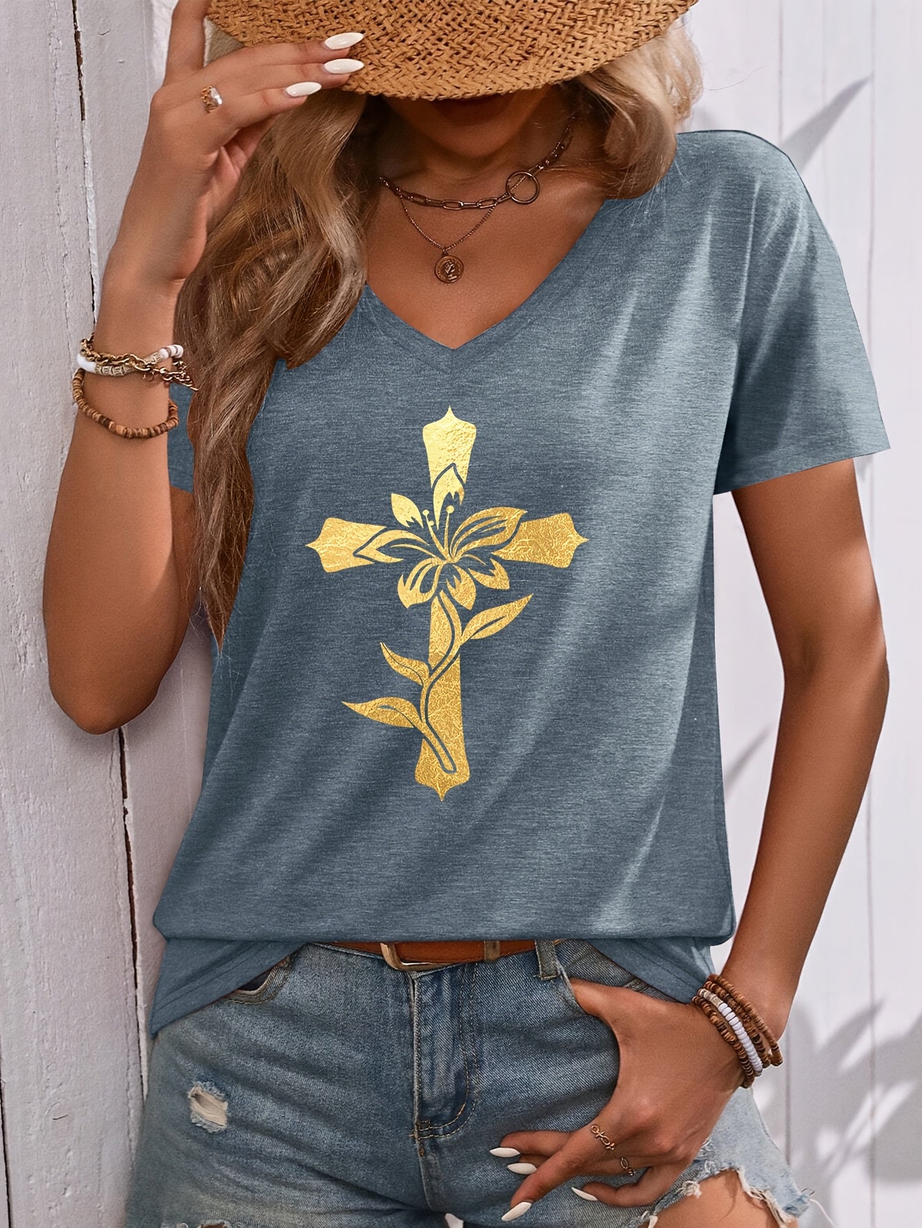 Women's Floral Cross Faith T-Shirt, Religious Faith V-Neck Tee