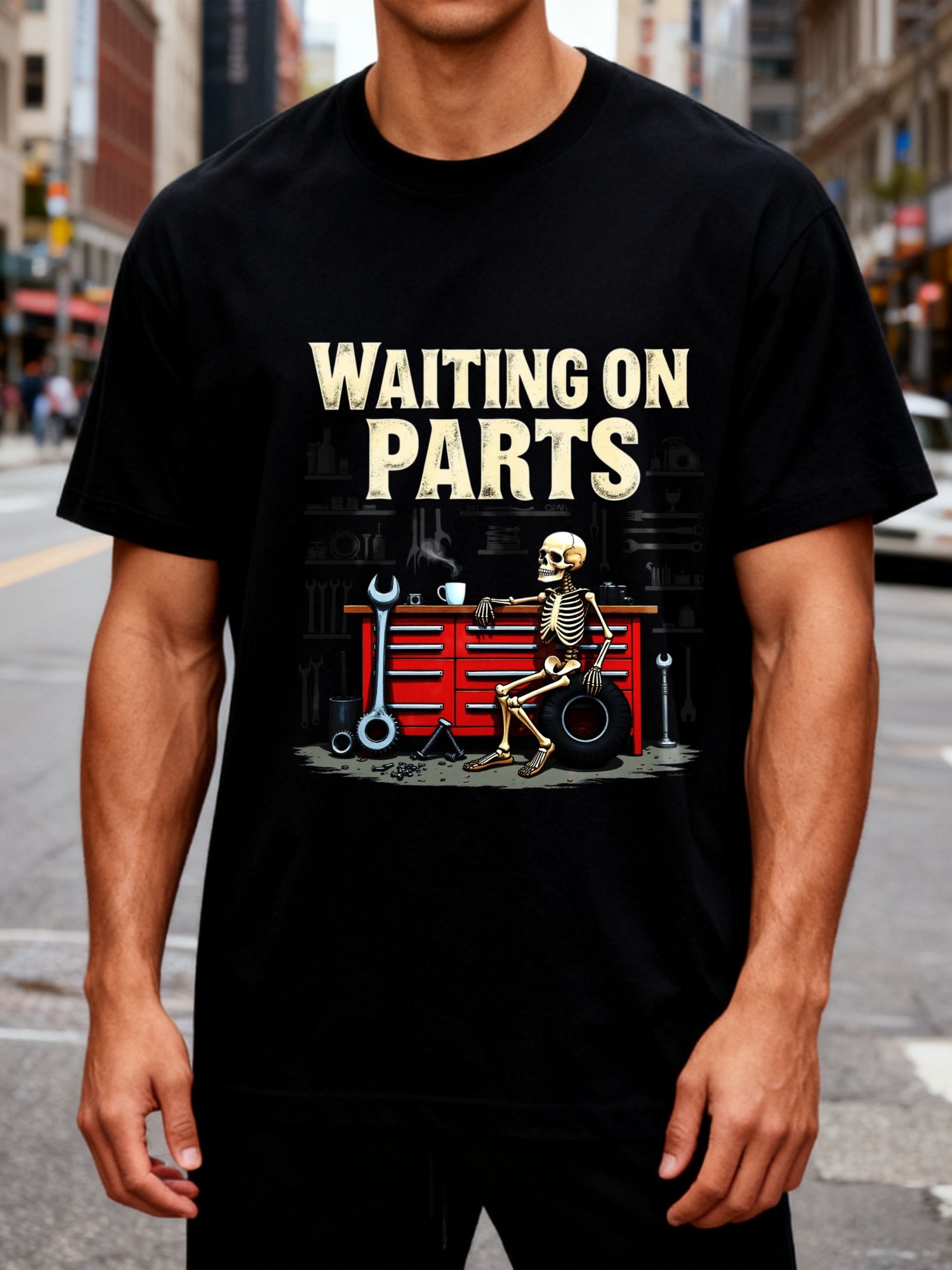 Casual Graphic Men's T-Shirt Waiting On Parts Skeleton Mechanic Garage Workshop Design Perfect for Car Enthusiasts And Mechanics Ideal Gift for Him Summer And Fall Wear