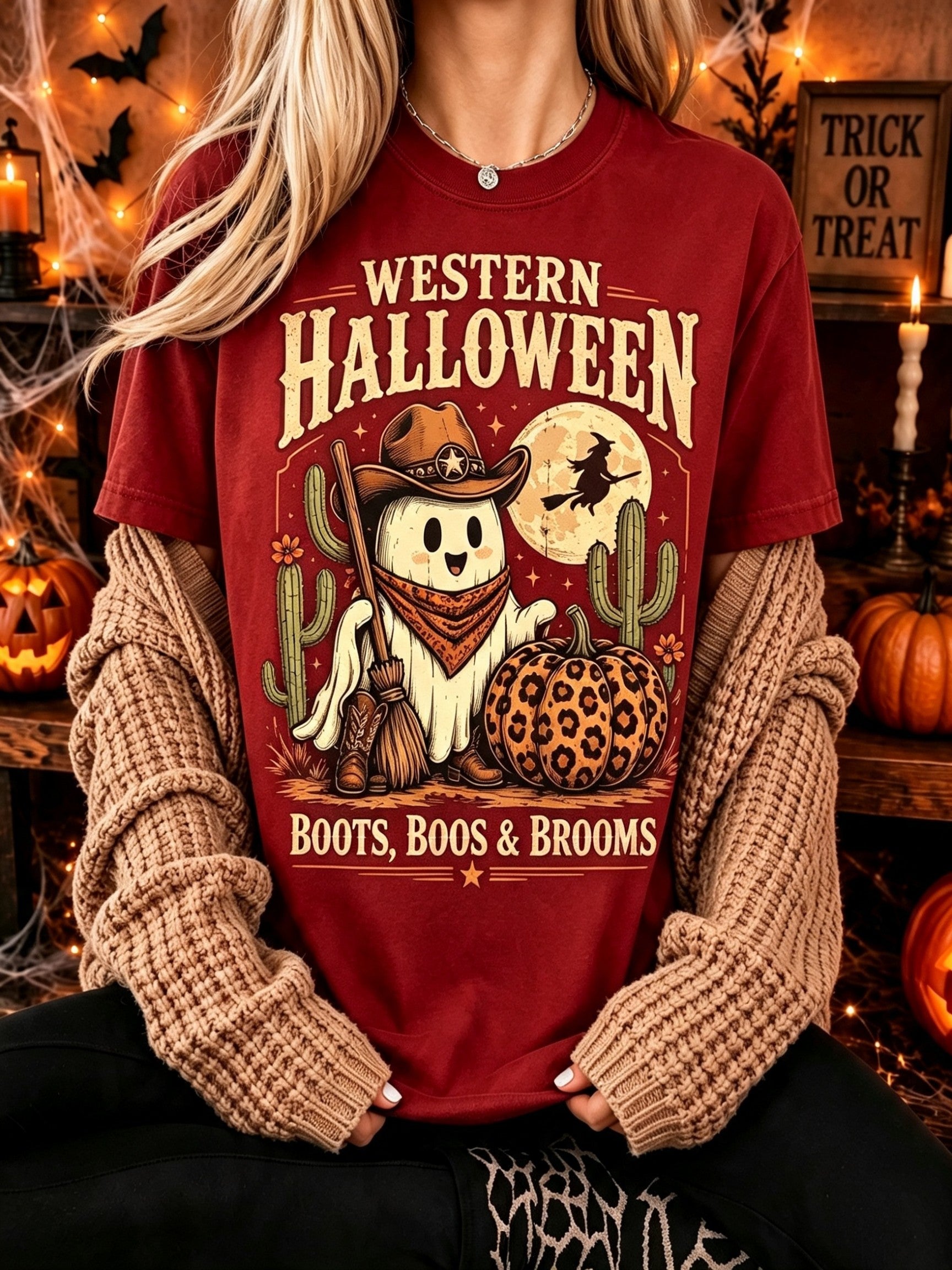 Women's Western Boot, Boos, and Brooms Halloween T-shirt