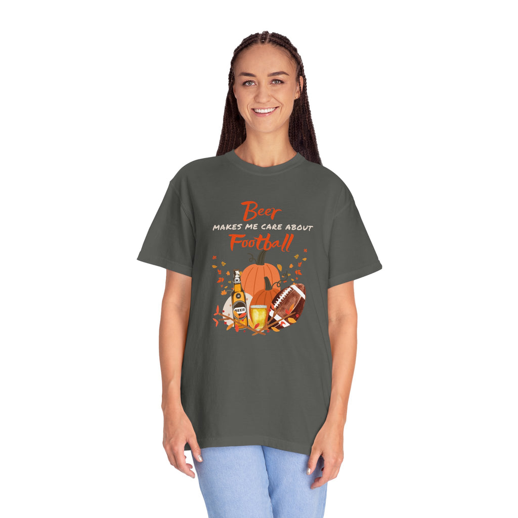 Beer Makes me Care about Football Unisex T-Shirt, Football Season T-Shirt for Men and Women