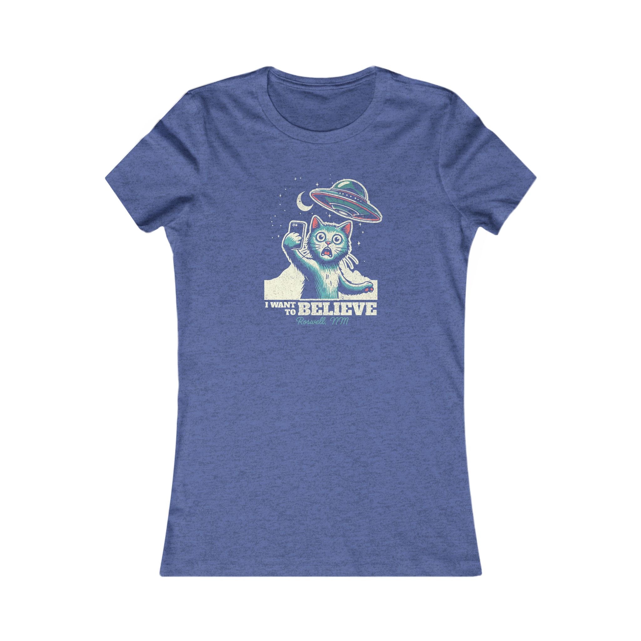 Cat Lover's UFO Believe Tee, Women's Favorite T-Shirt, I Want to Believe Shirt, Alien UFO Tee, Cat Lover's Tee