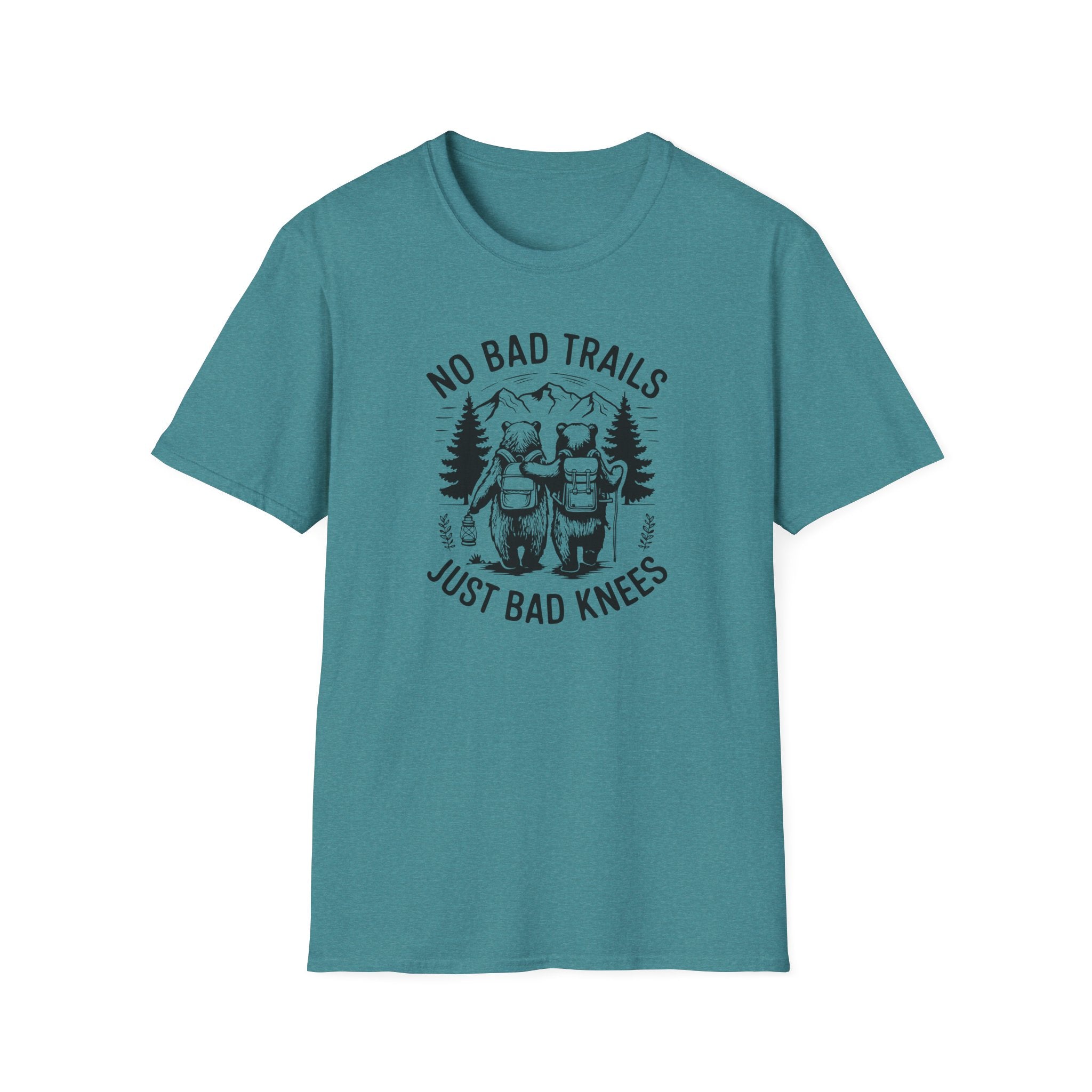 Funny Outdoor Adventure Unisex T-Shirt | No Bad Trails Just Bad Knees | Hiking Gift, Camping Tee, Nature Lover Shirt, Funny Gift