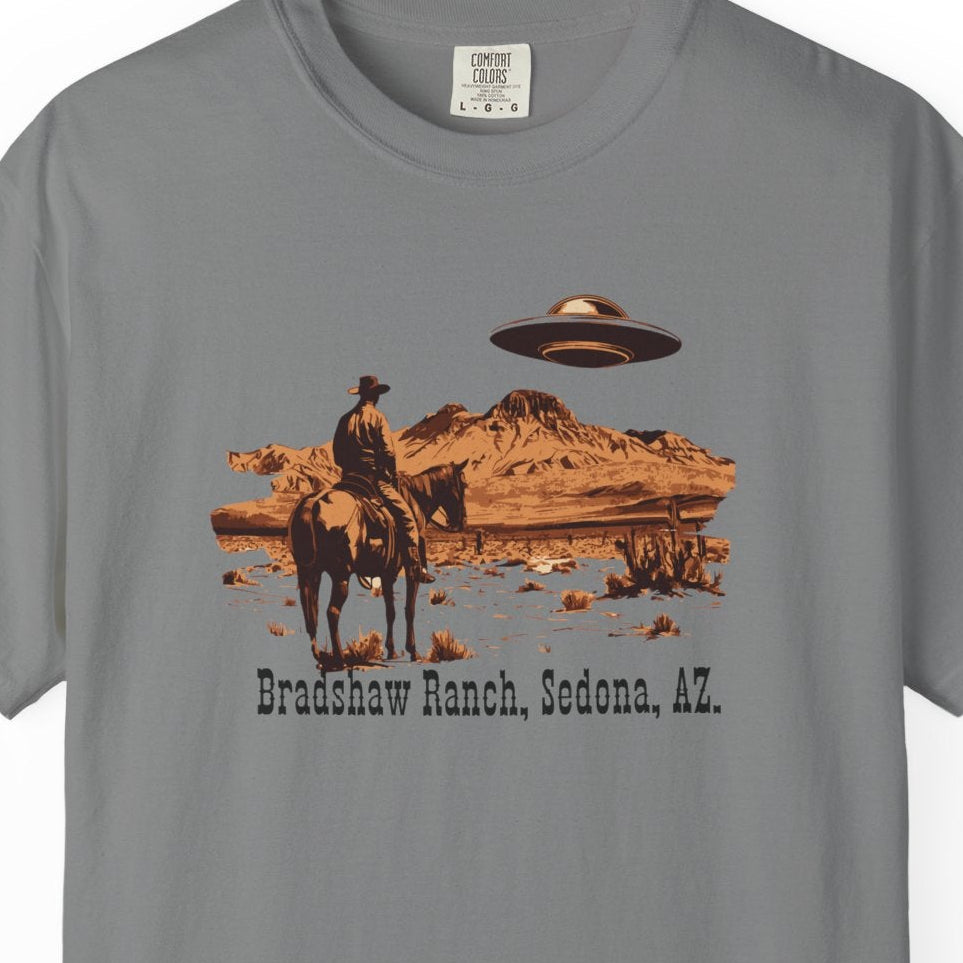 Bradshaw Ranch Cowboy UFO T‑Shirt — Sedona AZ Desert Graphic Tee