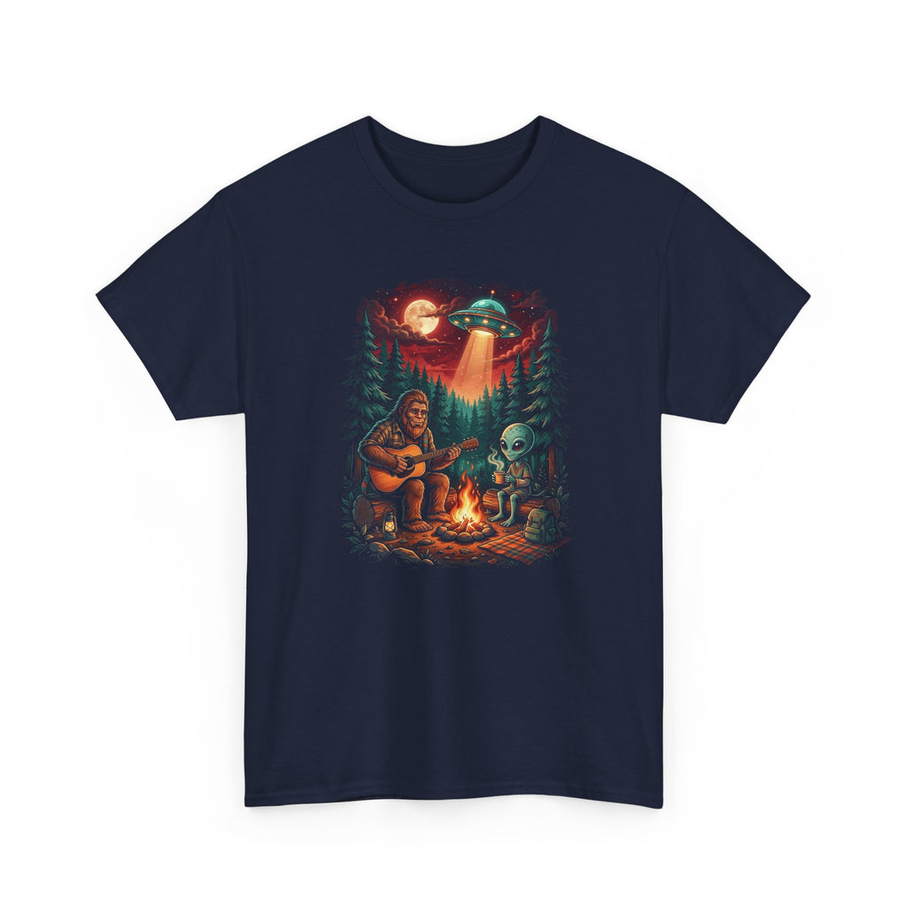 Alien & Bigfoot Campfire Camping T-Shirt — UFO Graphic Tee for Outdoors Lovers