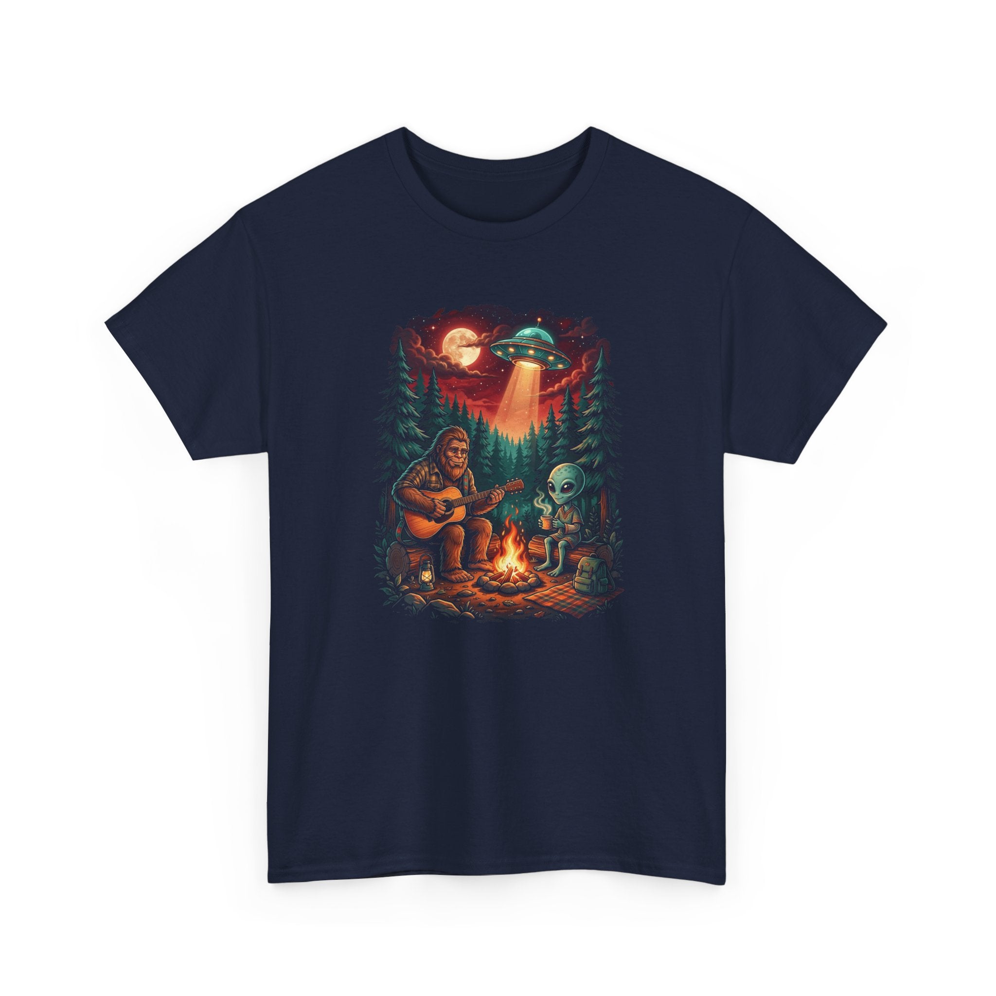 Alien & Bigfoot Campfire Camping T-Shirt — UFO Graphic Tee for Outdoors Lovers