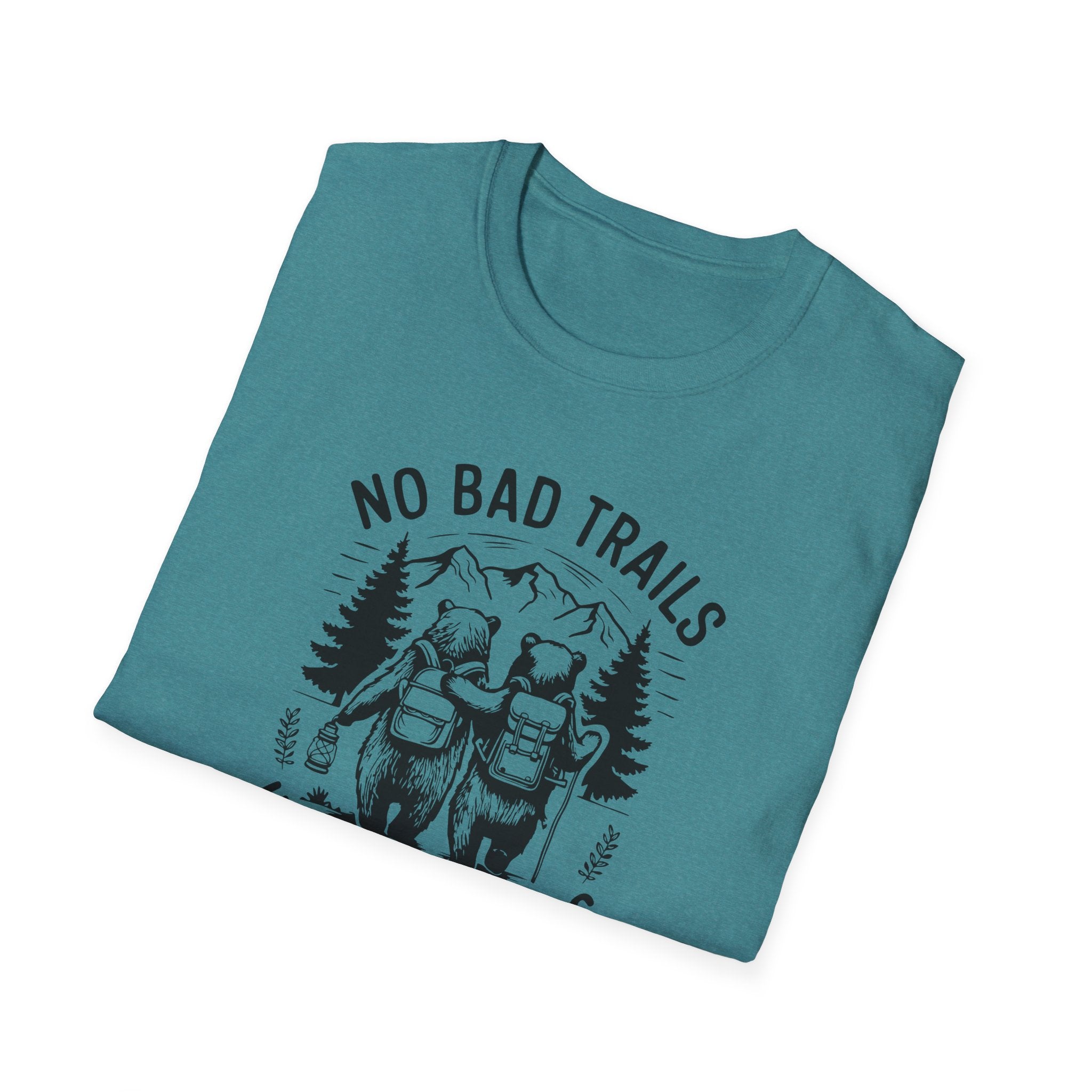 Funny Outdoor Adventure Unisex T-Shirt | No Bad Trails Just Bad Knees | Hiking Gift, Camping Tee, Nature Lover Shirt, Funny Gift