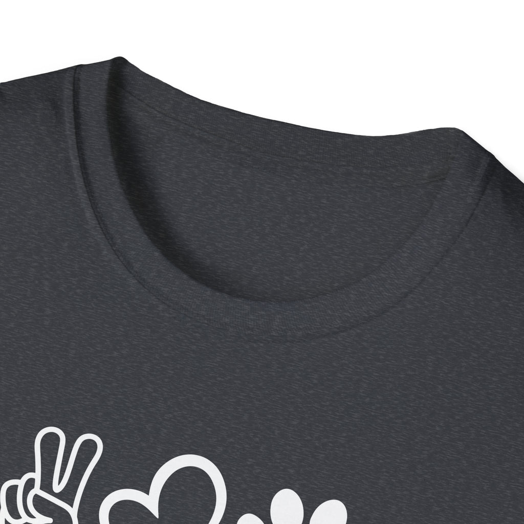 Peace Love Dog Unisex Softstyle T-Shirt, Perfect Gift for Dog Lovers, Casual Wear, Pet Lovers' Day, Adoption Events, Animal Lovers