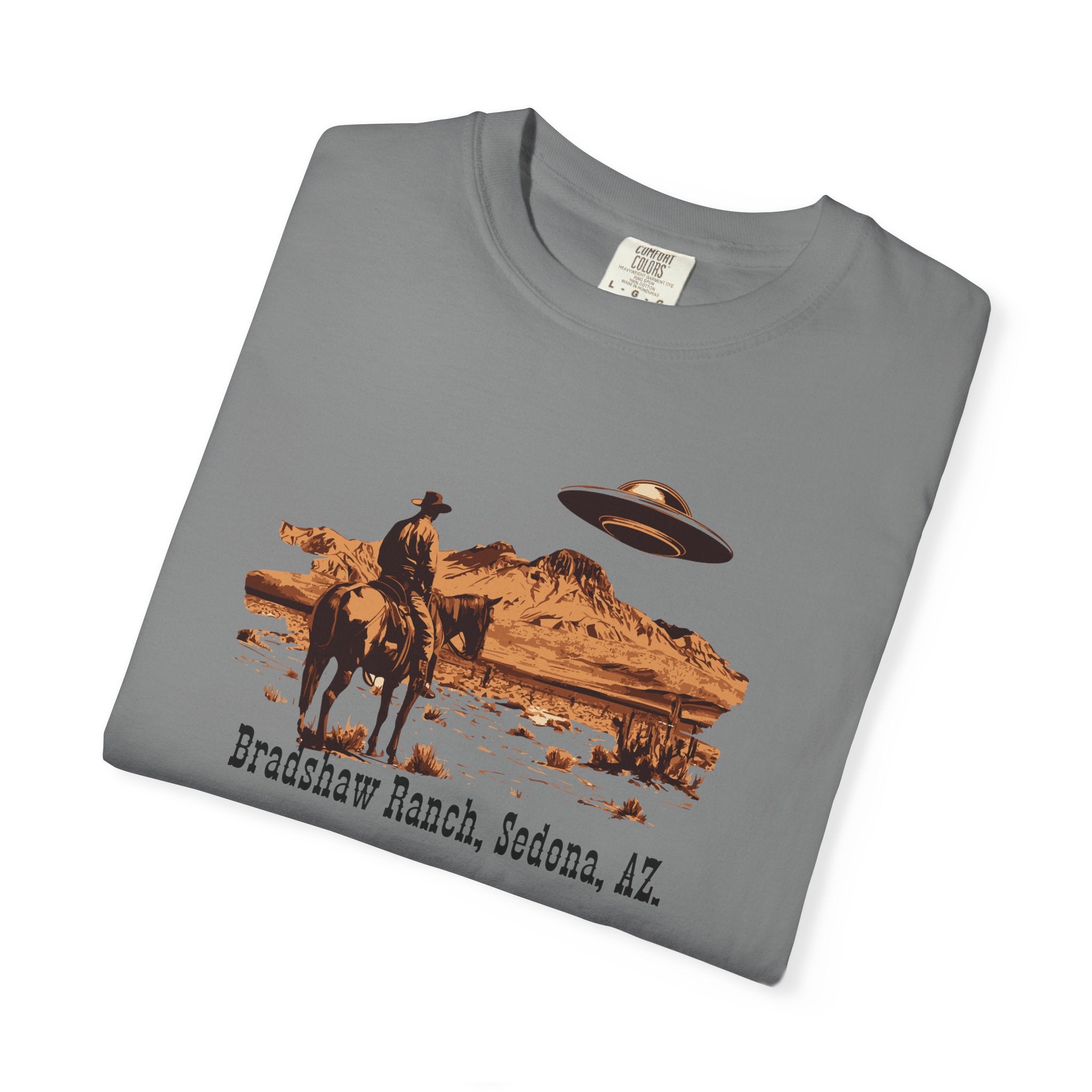 Bradshaw Ranch Cowboy UFO T‑Shirt — Sedona AZ Desert Graphic Tee