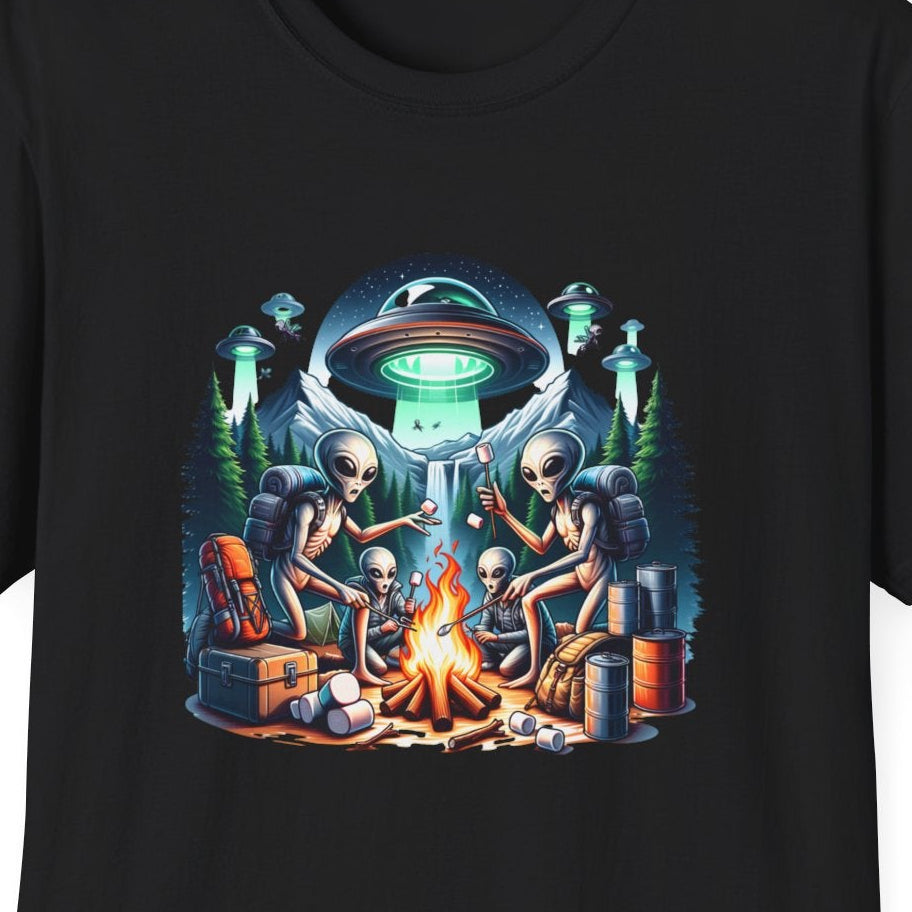 Alien Campfire T-Shirt, Tee for UFO Enthusiasts, Fun Gifts for Halloween and Sci-Fi Lovers, Unisex Tee