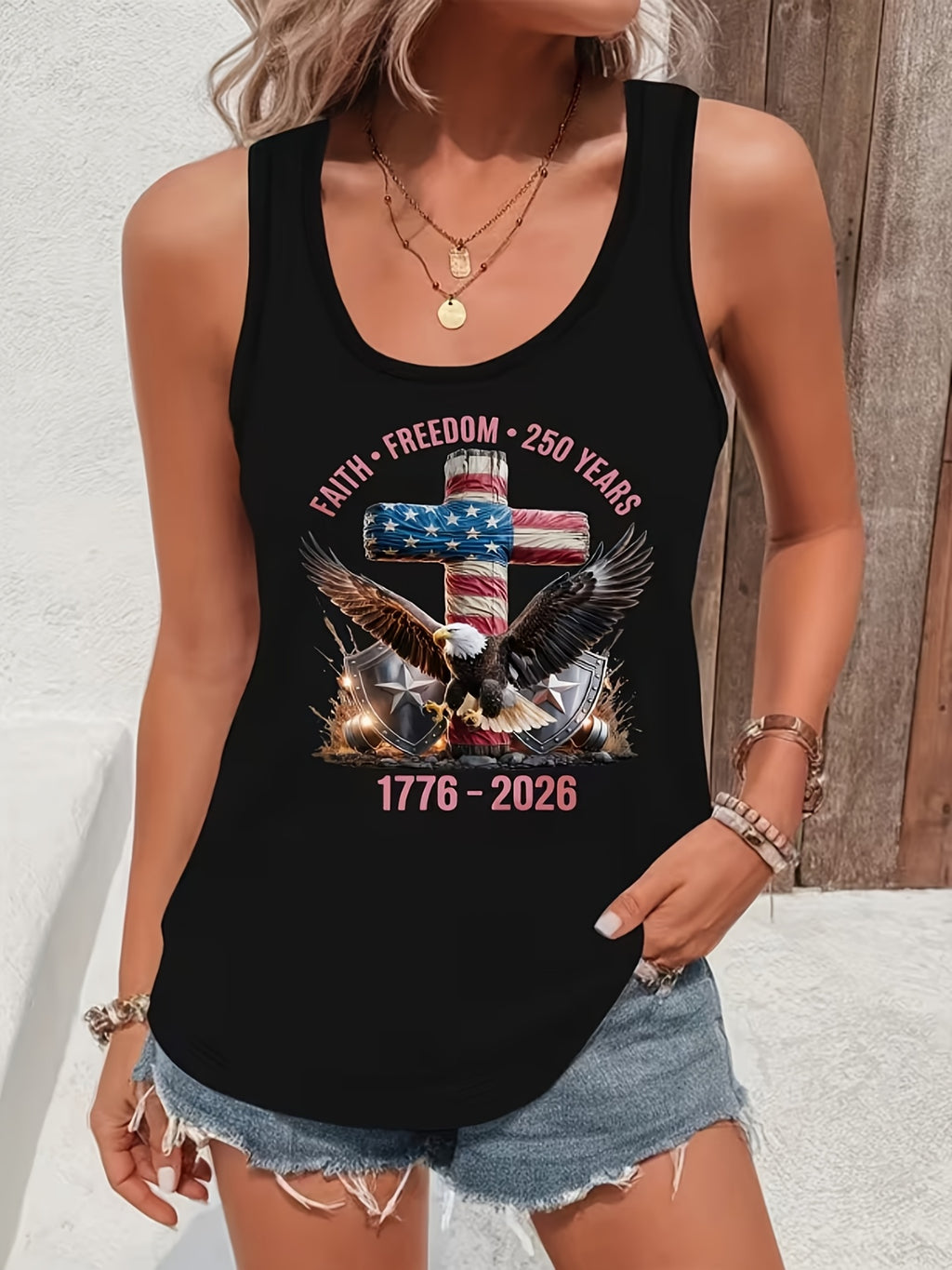 Faith Freedom 250 Years Eagle Cross Letter Creative Print Women's Casual Tank Top, Round Neck Tank, Machine Washable, Simple and Versatile, Breathable for Comfortable Spring and Summer Wear