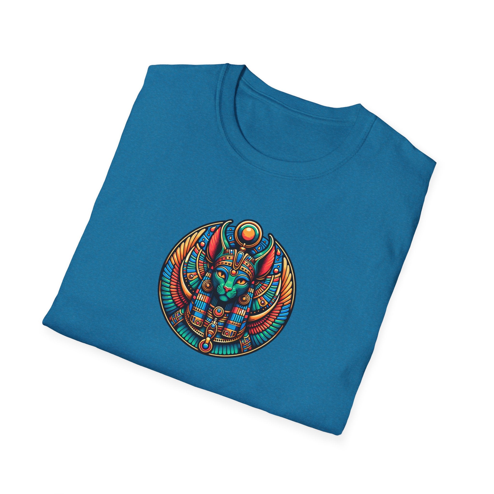 Egyptian Goddess Unisex Softstyle T-Shirt, Cute Graphic Tee, Boho Vintage Top, Gift for Cat Lovers, Summer Casual Wear, Festival Outfit