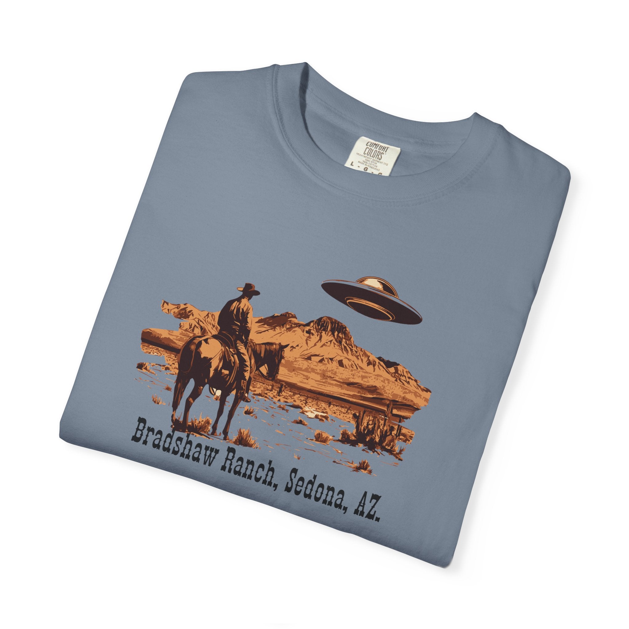 Bradshaw Ranch Cowboy UFO T‑Shirt — Sedona AZ Desert Graphic Tee