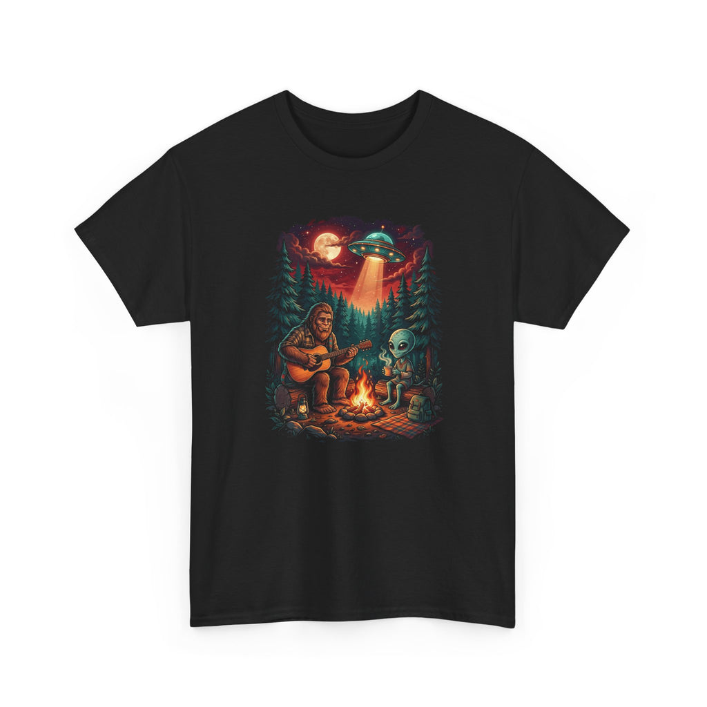 Alien & Bigfoot Campfire Camping T-Shirt — UFO Graphic Tee for Outdoors Lovers