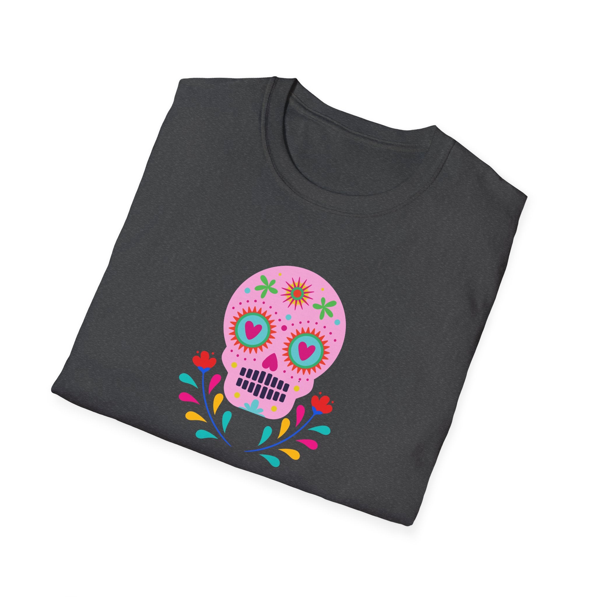 Colorful Skull Graphic T-Shirt, Day of the Dead Shirt, Unisex Softstyle Tee for Celebrations, Gifts for Her & Him