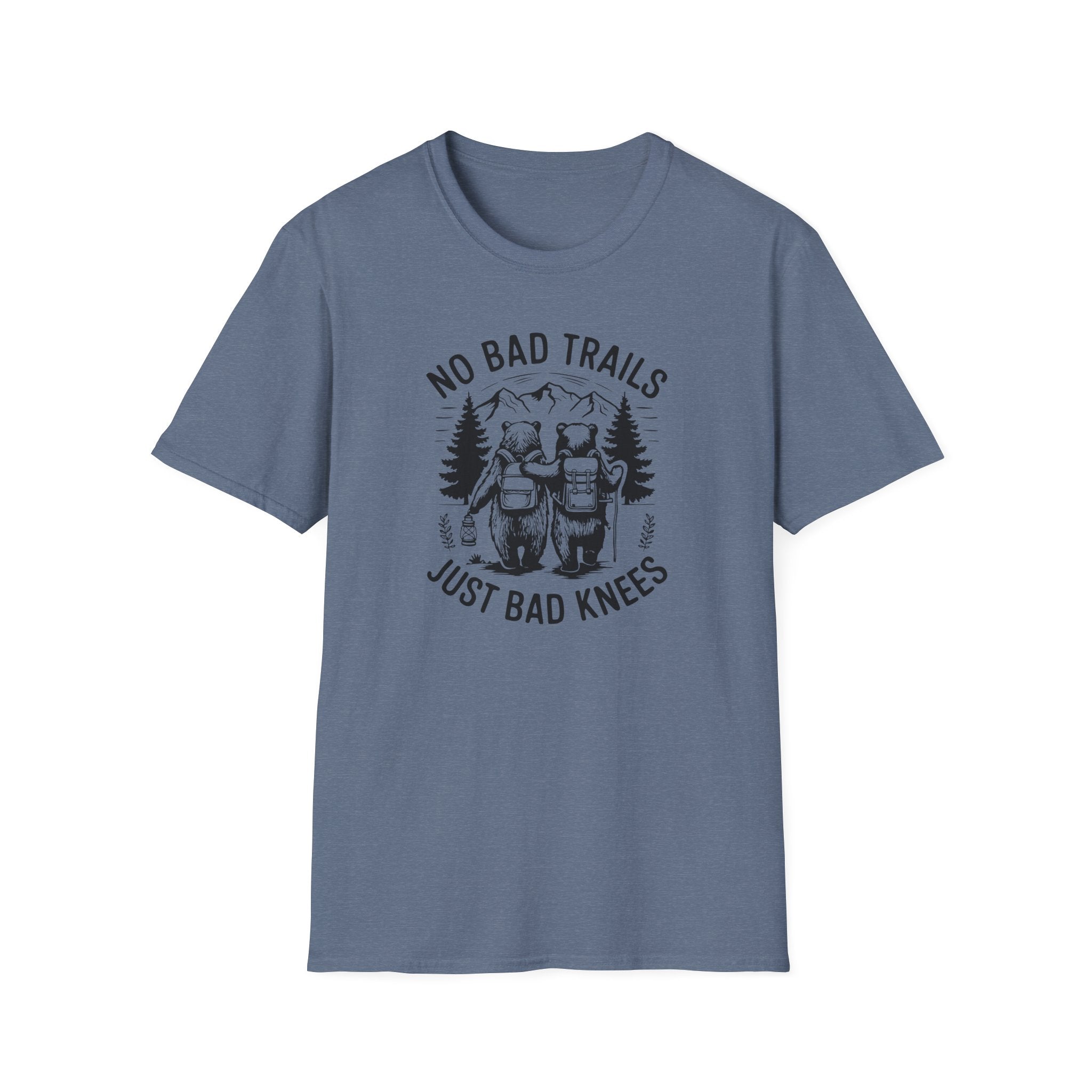 Funny Outdoor Adventure Unisex T-Shirt | No Bad Trails Just Bad Knees | Hiking Gift, Camping Tee, Nature Lover Shirt, Funny Gift