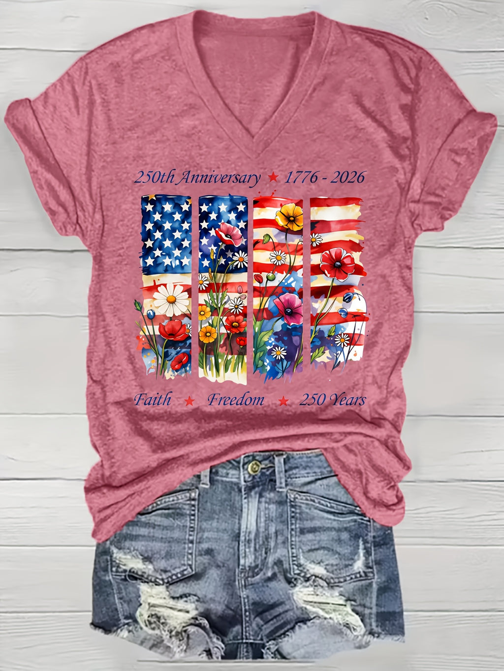 US Flag Flowers 250Th Anniversary 1776-2026 Faith Freedom 250 Years Patriotic 4Th of July Independence Day Soft Women'S V-Neck T-Shirt