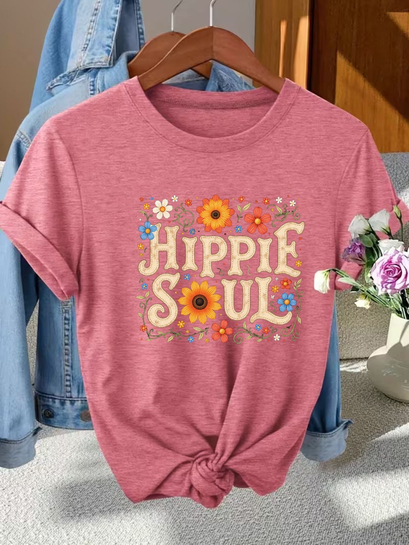 Hippie Soul Floral Pattern T-Shirt, Women's Boho Tee
