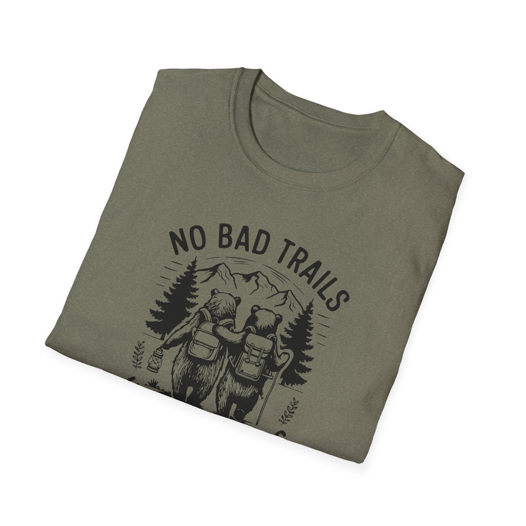 Funny Outdoor Adventure Unisex T-Shirt | No Bad Trails Just Bad Knees | Hiking Gift, Camping Tee, Nature Lover Shirt, Funny Gift