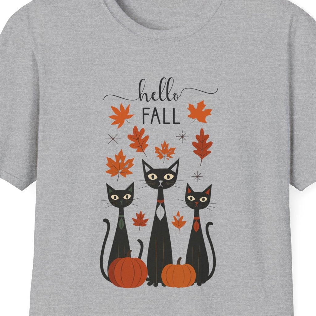 Retro Art Deco Hello Fall Cat T-Shirt, Fall Design Tee, Unisex Shirt, 60s Cat