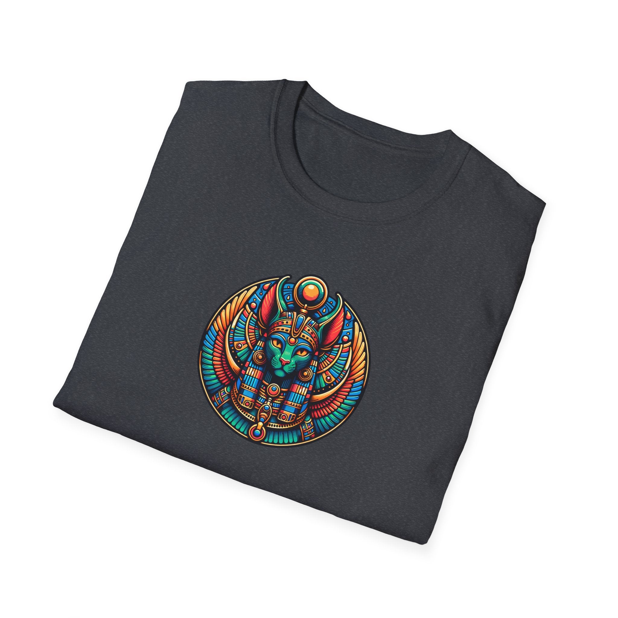 Egyptian Goddess Unisex Softstyle T-Shirt, Cute Graphic Tee, Boho Vintage Top, Gift for Cat Lovers, Summer Casual Wear, Festival Outfit