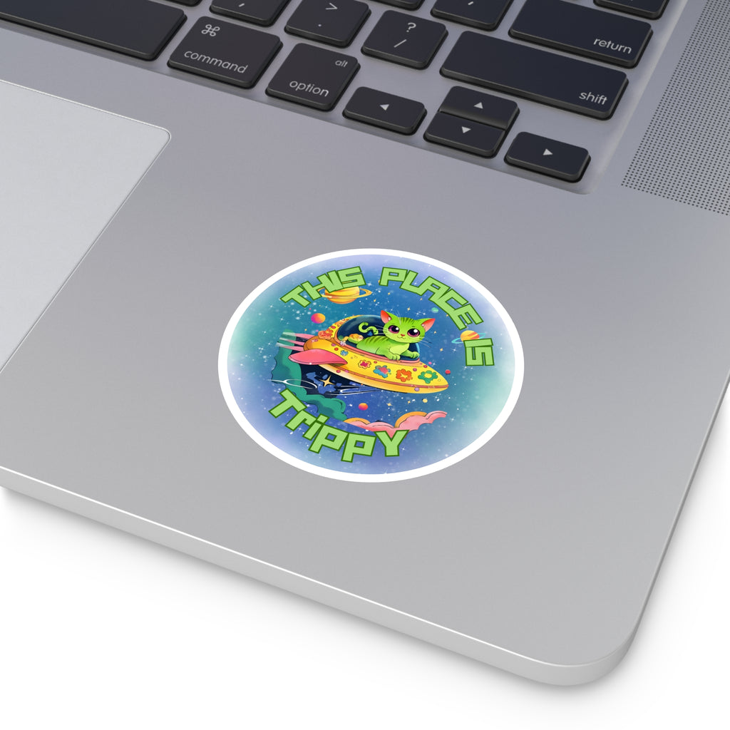Trippy UFO Cat Stickers, Indoor Outdoor, Laptop Decal, Waterproof Vinyl, Set of 4, Car Bumper, Alien Kitten, Cosmic, Space Cat, Galaxy Kitty
