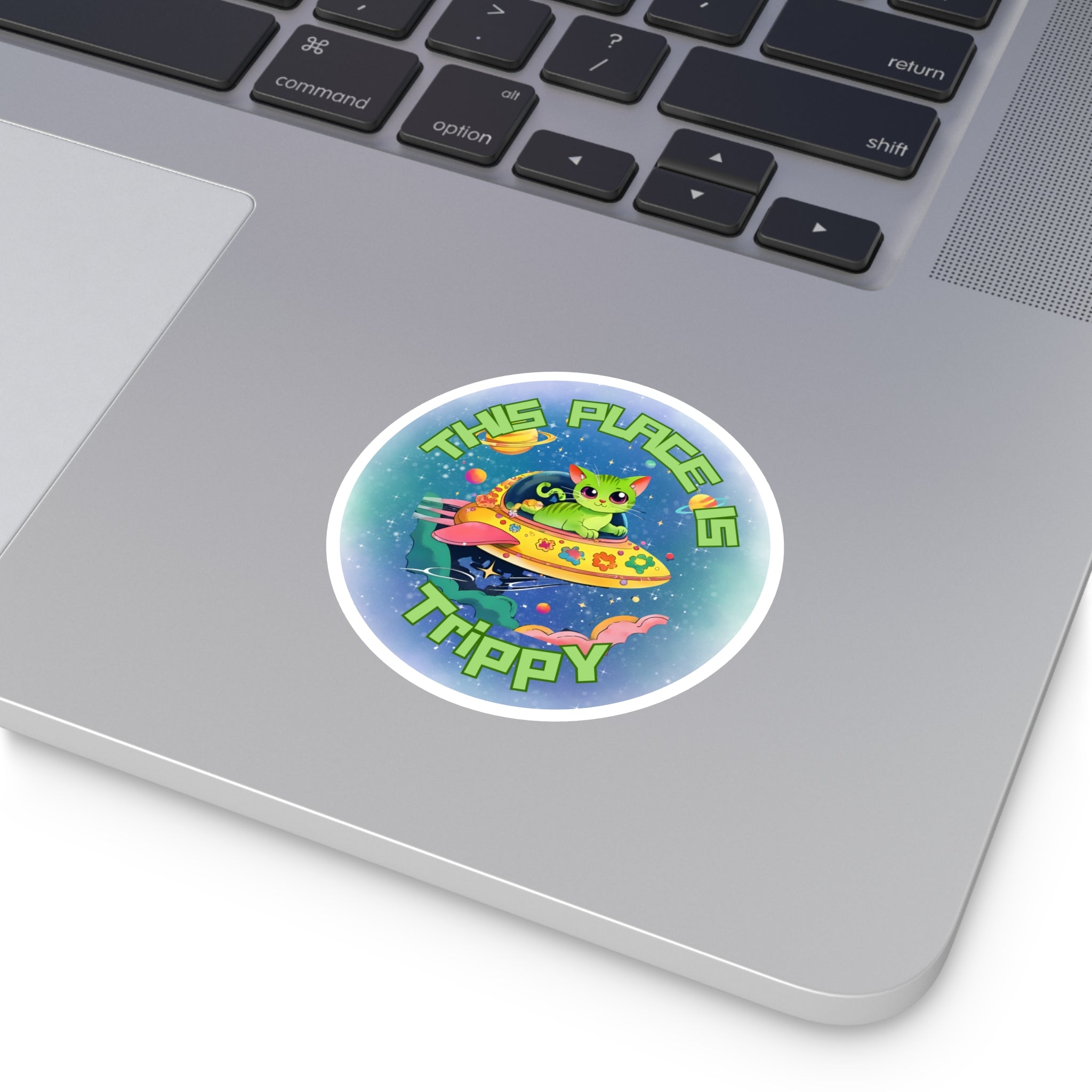 Trippy UFO Cat Stickers, Indoor Outdoor, Laptop Decal, Waterproof Vinyl, Set of 4, Car Bumper, Alien Kitten, Cosmic, Space Cat, Galaxy Kitty
