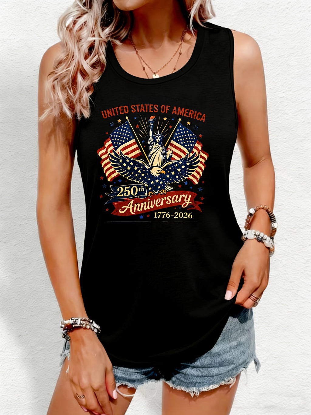 USA 250th Anniversary 1776-2026 Statue Of Liberty American Flag Eagle Printed Women Independence Day Tank Top