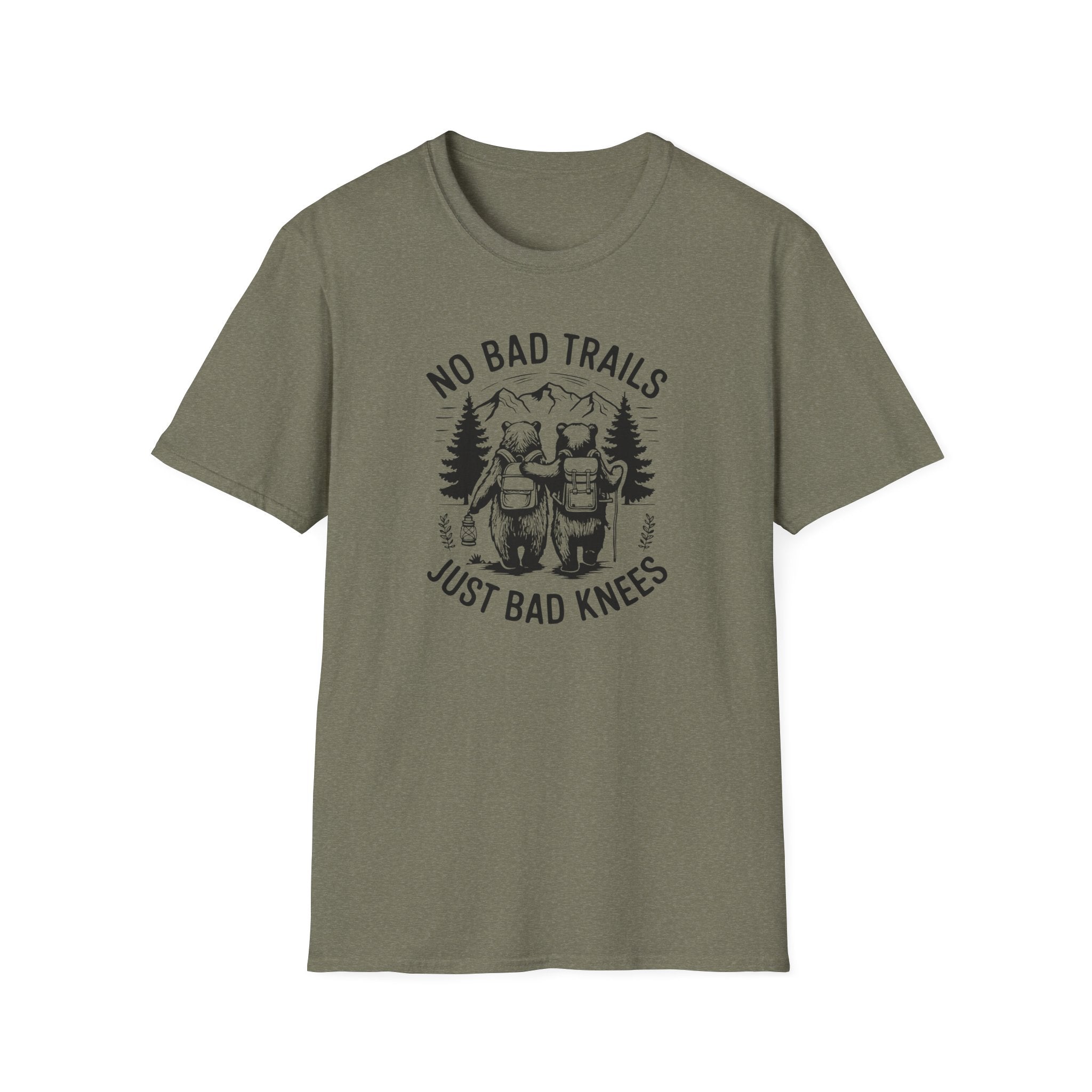 Funny Outdoor Adventure Unisex T-Shirt | No Bad Trails Just Bad Knees | Hiking Gift, Camping Tee, Nature Lover Shirt, Funny Gift