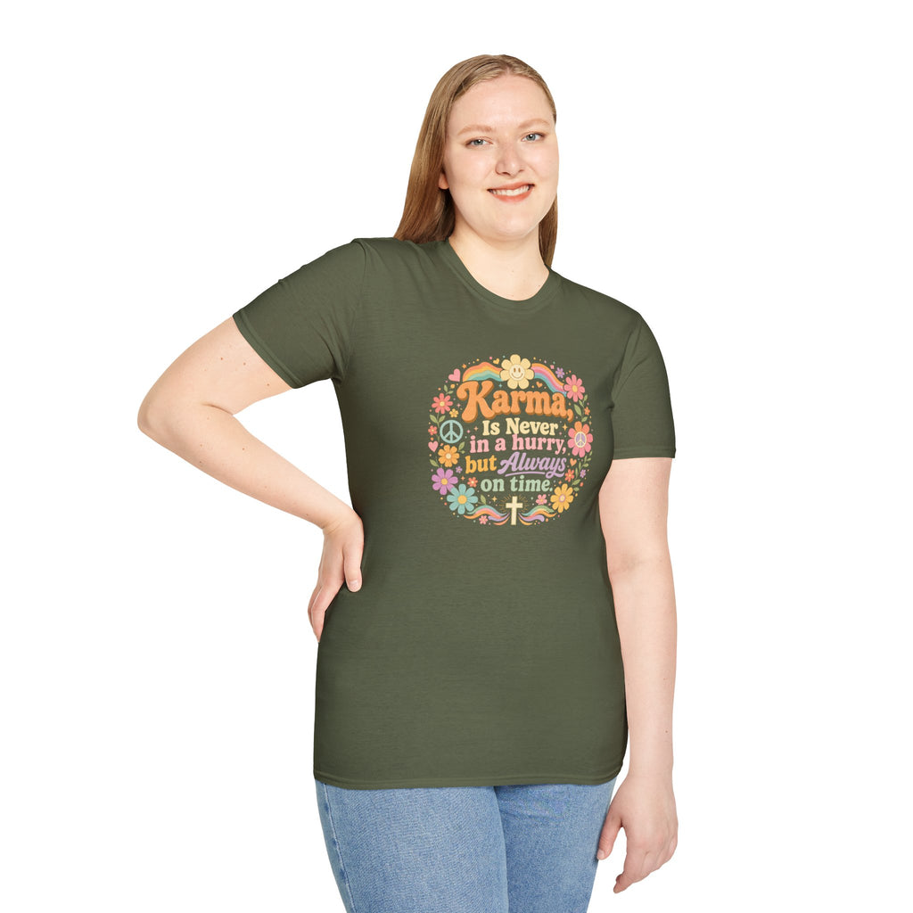 Karma Is Never In A Hurry Retro Floral, Relaxed Fit Women's Tee