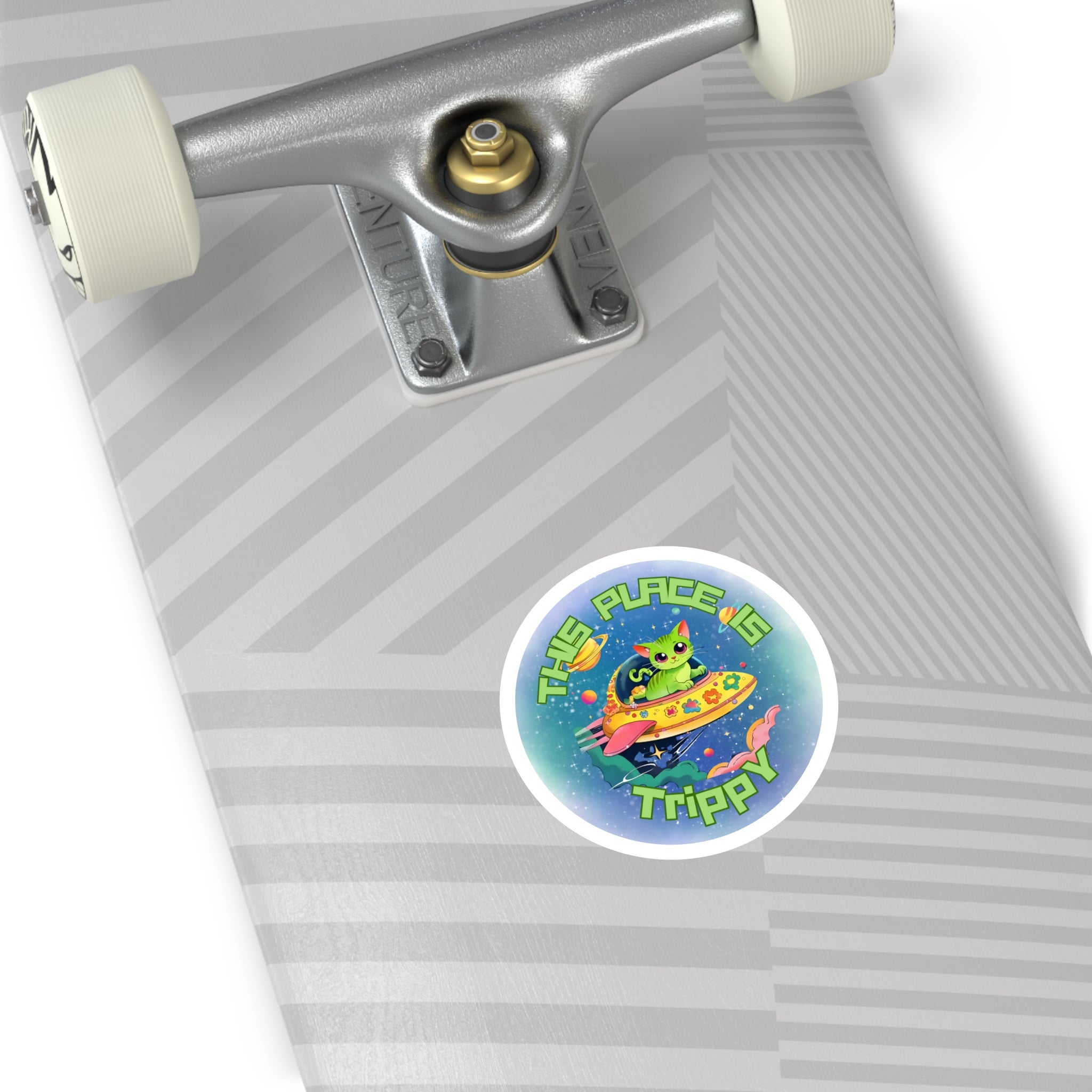 Trippy UFO Cat Stickers, Indoor Outdoor, Laptop Decal, Waterproof Vinyl, Set of 4, Car Bumper, Alien Kitten, Cosmic, Space Cat, Galaxy Kitty