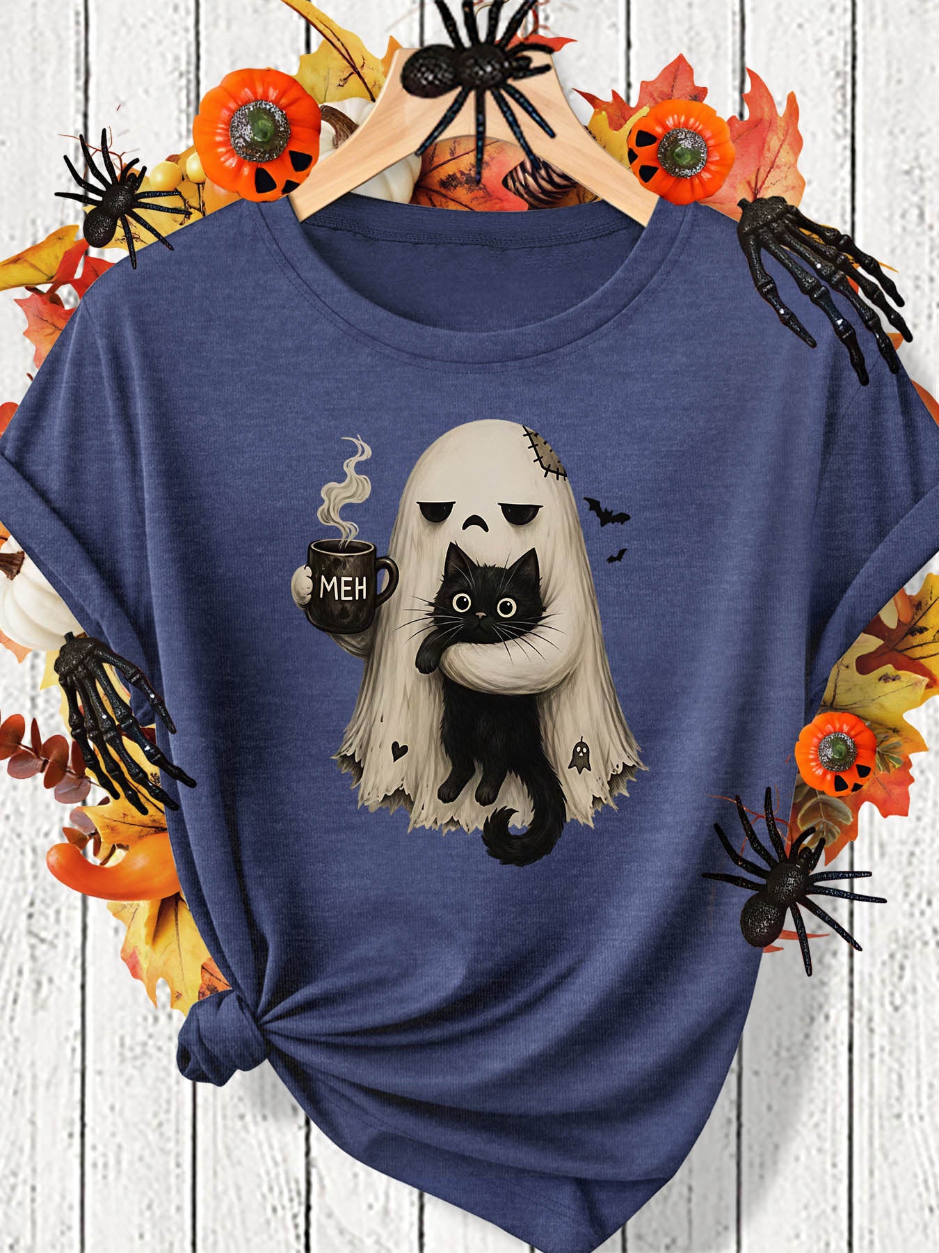 Cute Cat and Ghost Women's Halloween Tee