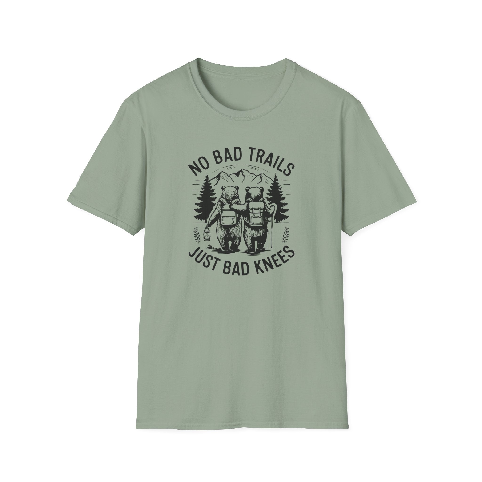 Funny Outdoor Adventure Unisex T-Shirt | No Bad Trails Just Bad Knees | Hiking Gift, Camping Tee, Nature Lover Shirt, Funny Gift