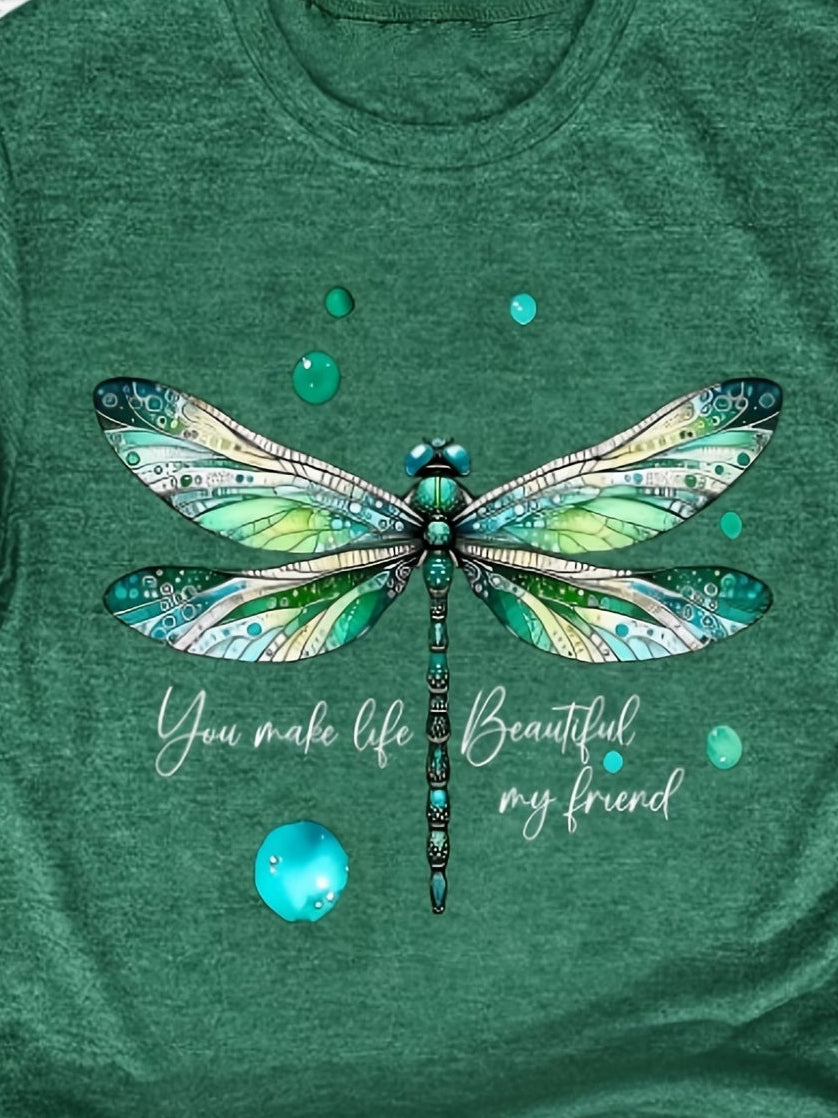 Dragonfly with Wings And Text Creative Print Women'S Casual T-Shirt, Round Neck Short Sleeve T-Shirt, Machine Washable, Easy And Versatile Breathable Spring And Summer Casual Style