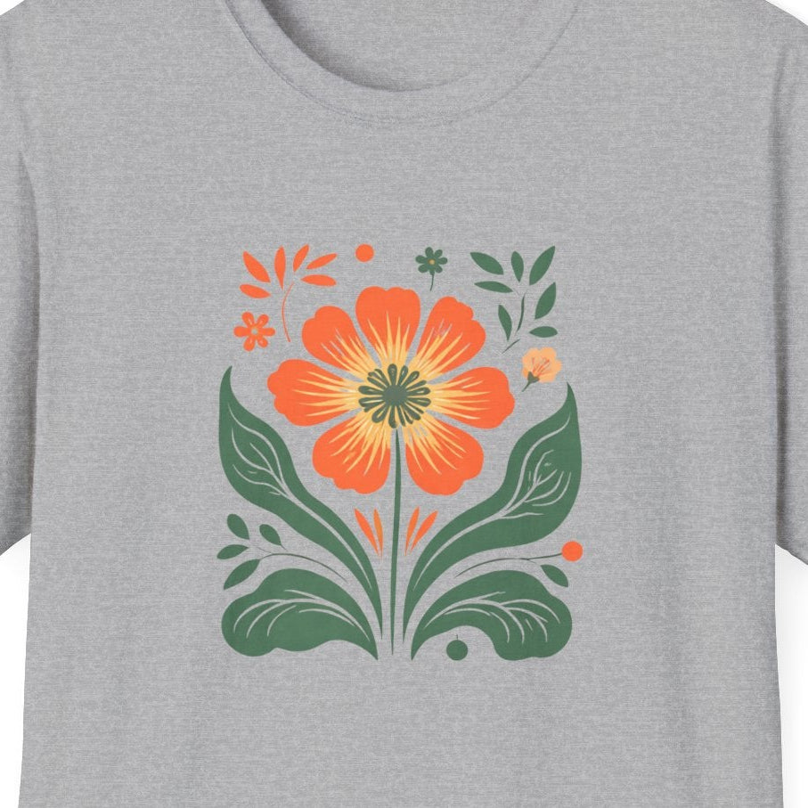 Gray t-shirt with a colorful floral design on a white background
