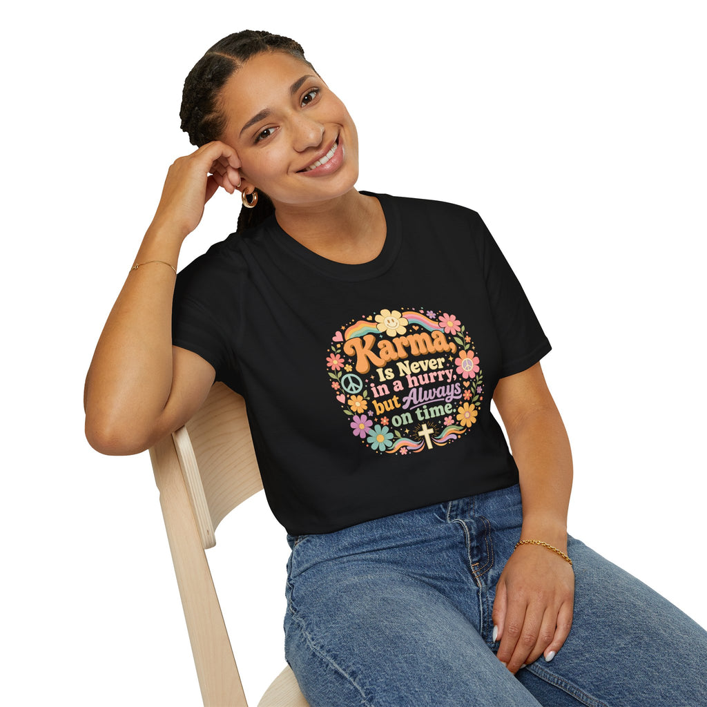 Karma Is Never In A Hurry Retro Floral, Relaxed Fit Women's Tee