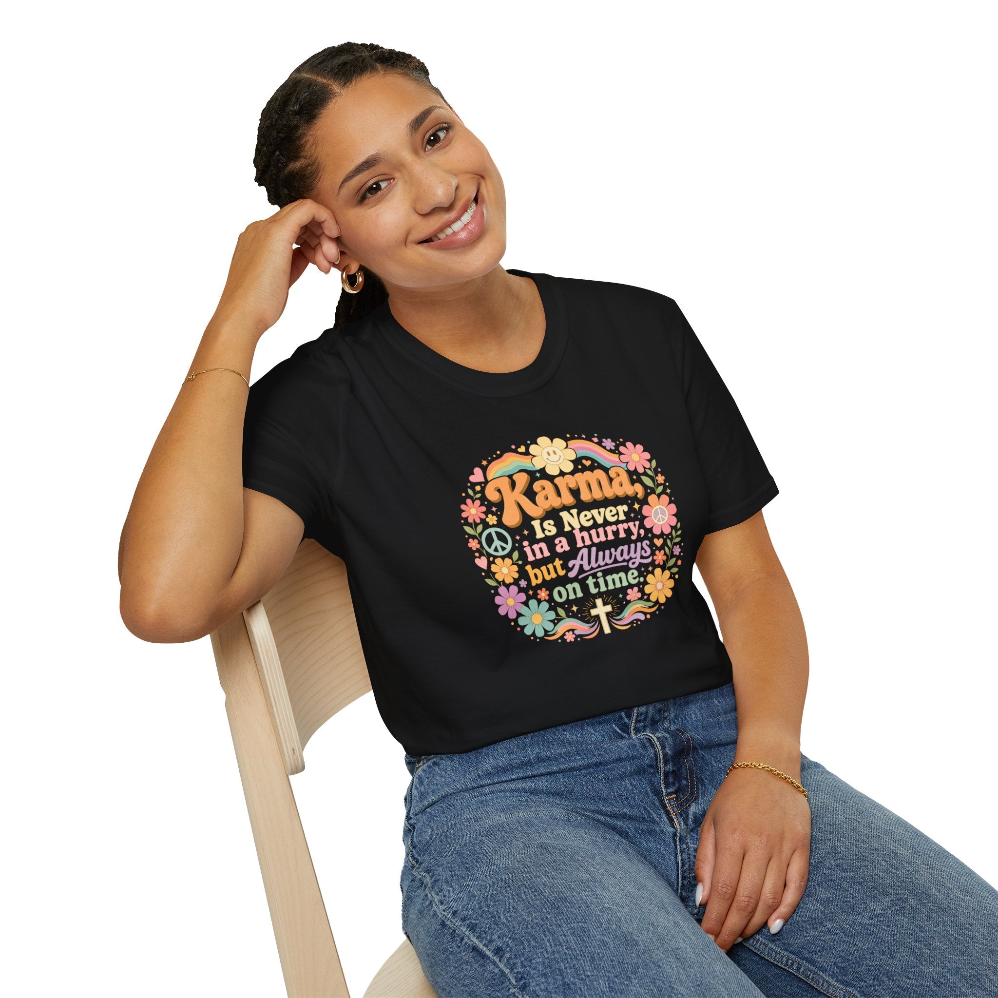 Karma Is Never In A Hurry Retro Floral, Relaxed Fit Women's Tee