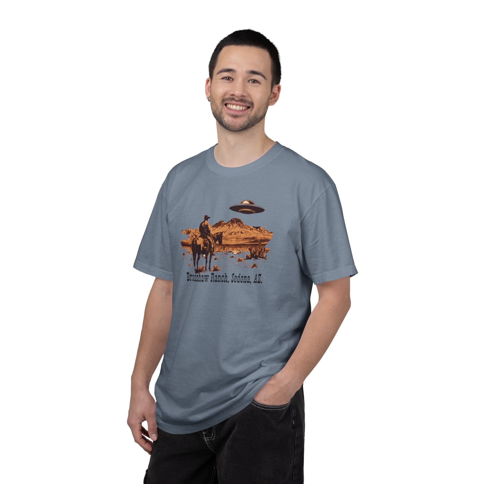 Bradshaw Ranch Cowboy UFO T‑Shirt — Sedona AZ Desert Graphic Tee