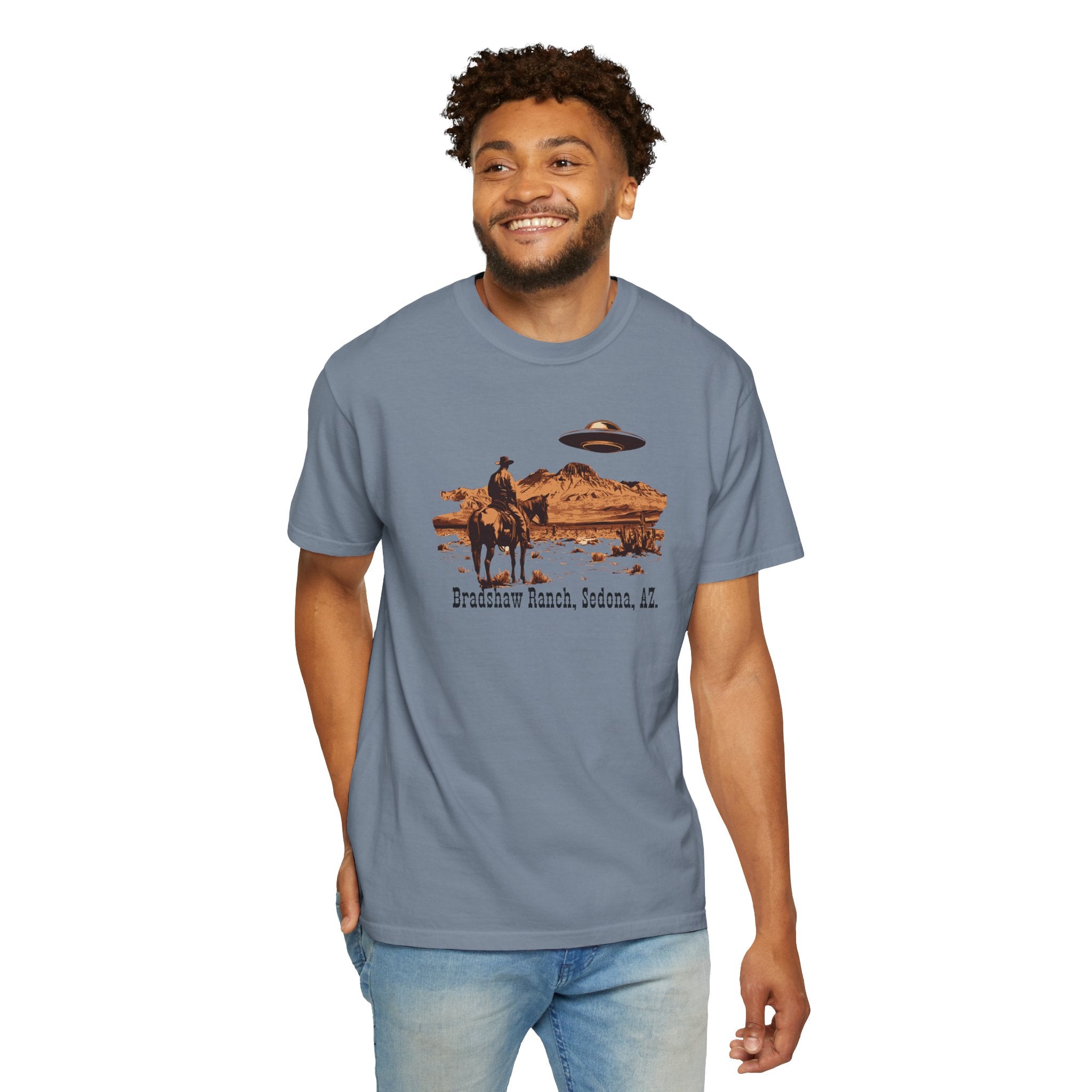 Bradshaw Ranch Cowboy UFO T‑Shirt — Sedona AZ Desert Graphic Tee