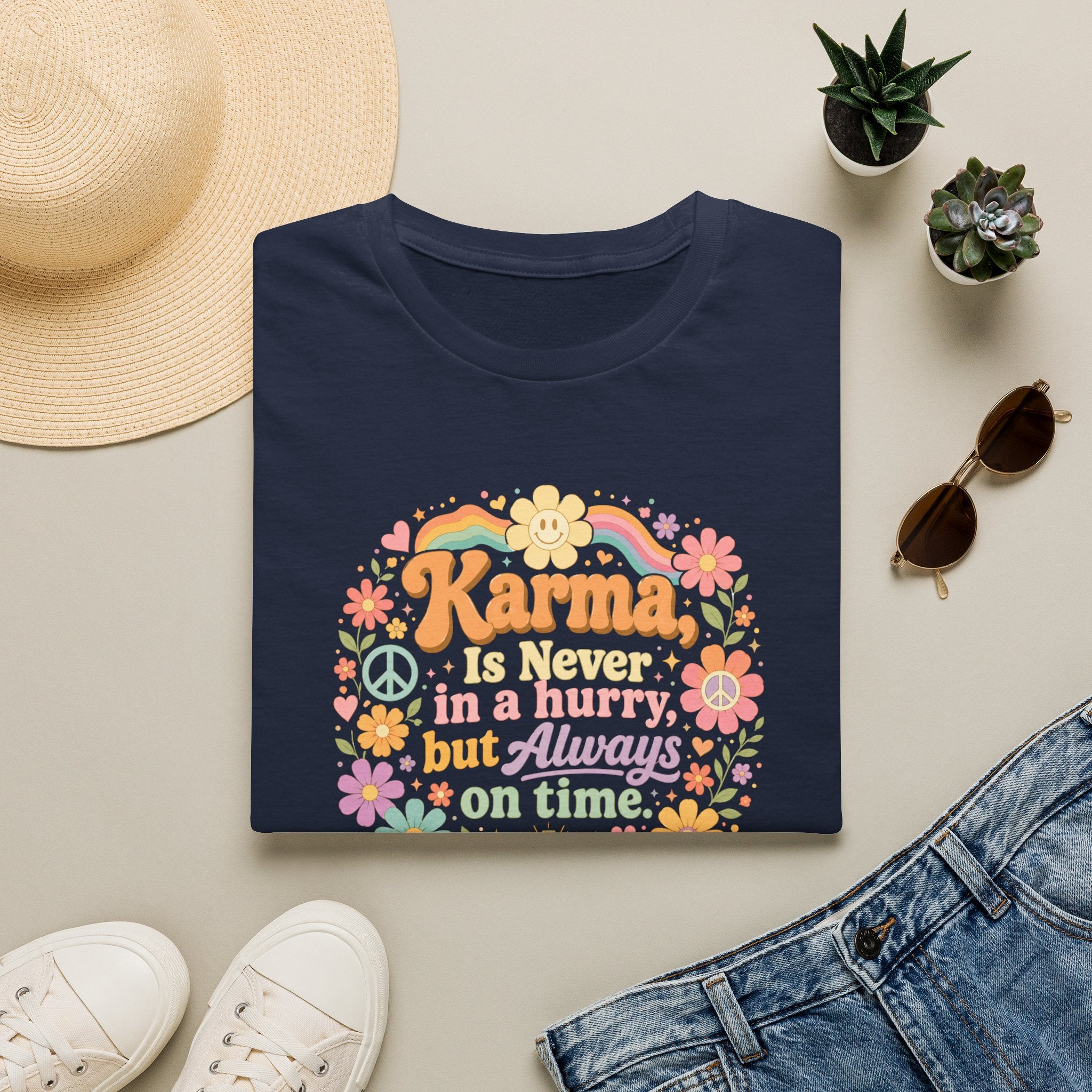 Karma Is Never In A Hurry Retro Floral, Relaxed Fit Women's Tee