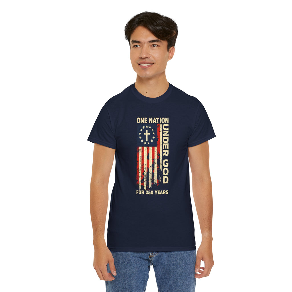 One Nation Under God 250 Years Flag T-Shirt — Patriotic July 4th Tee