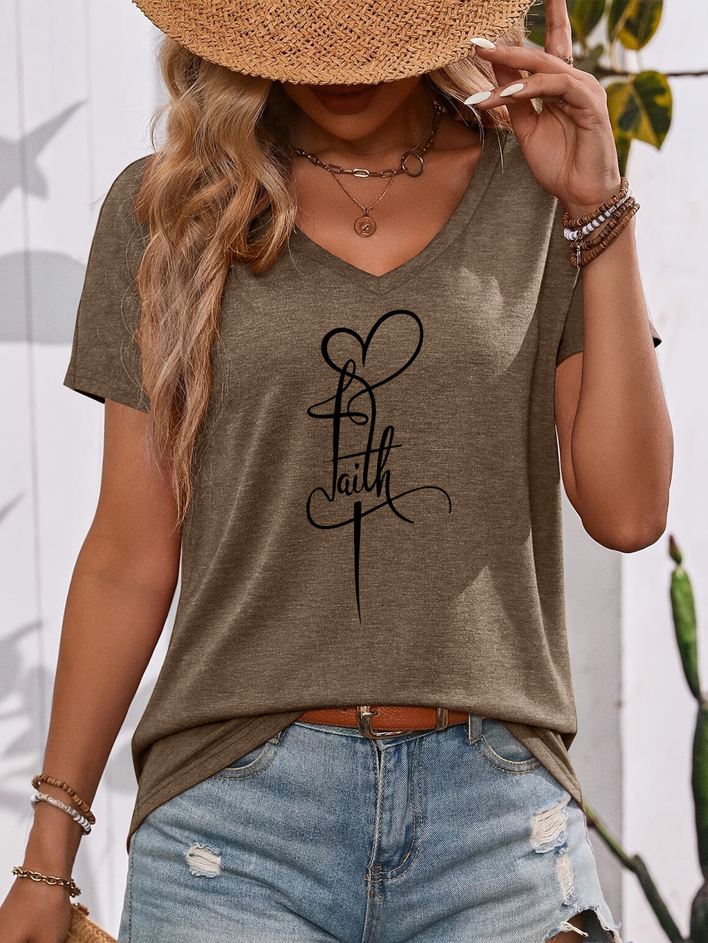 Women's Faith Cross Heart V-Neck T-Shirt, Faith Tee for Women