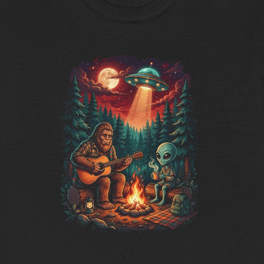Alien & Bigfoot Campfire Camping T-Shirt — UFO Graphic Tee for Outdoors Lovers