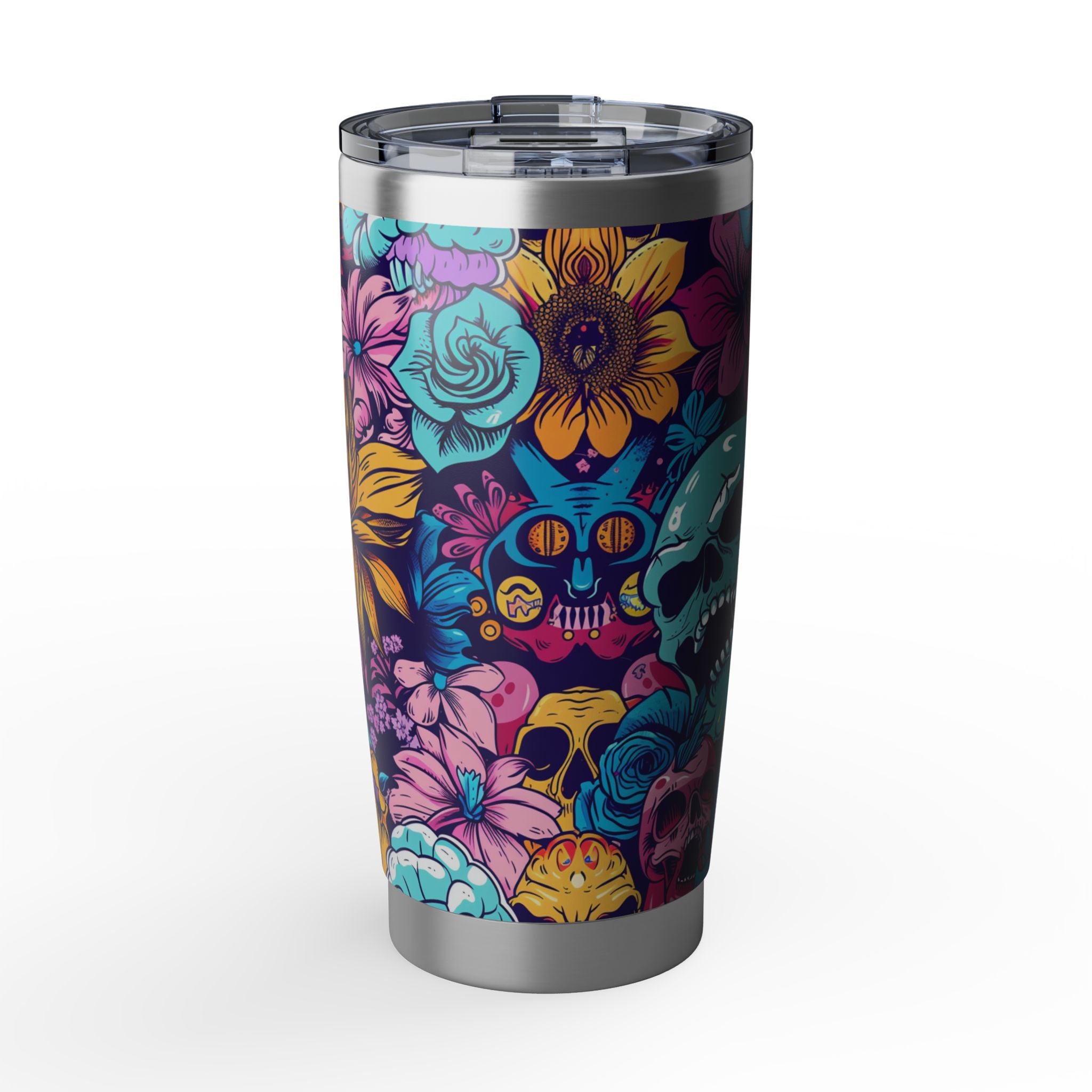 Floral Skull 20oz Tumbler, Stainless Steel Travel Mug, Halloween Candy Skull, Unique Gift, Floral Skull Mug