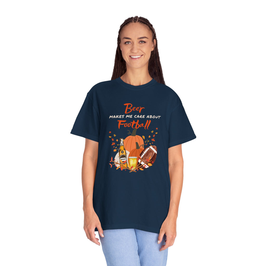 Beer Makes me Care about Football Unisex T-Shirt, Football Season T-Shirt for Men and Women