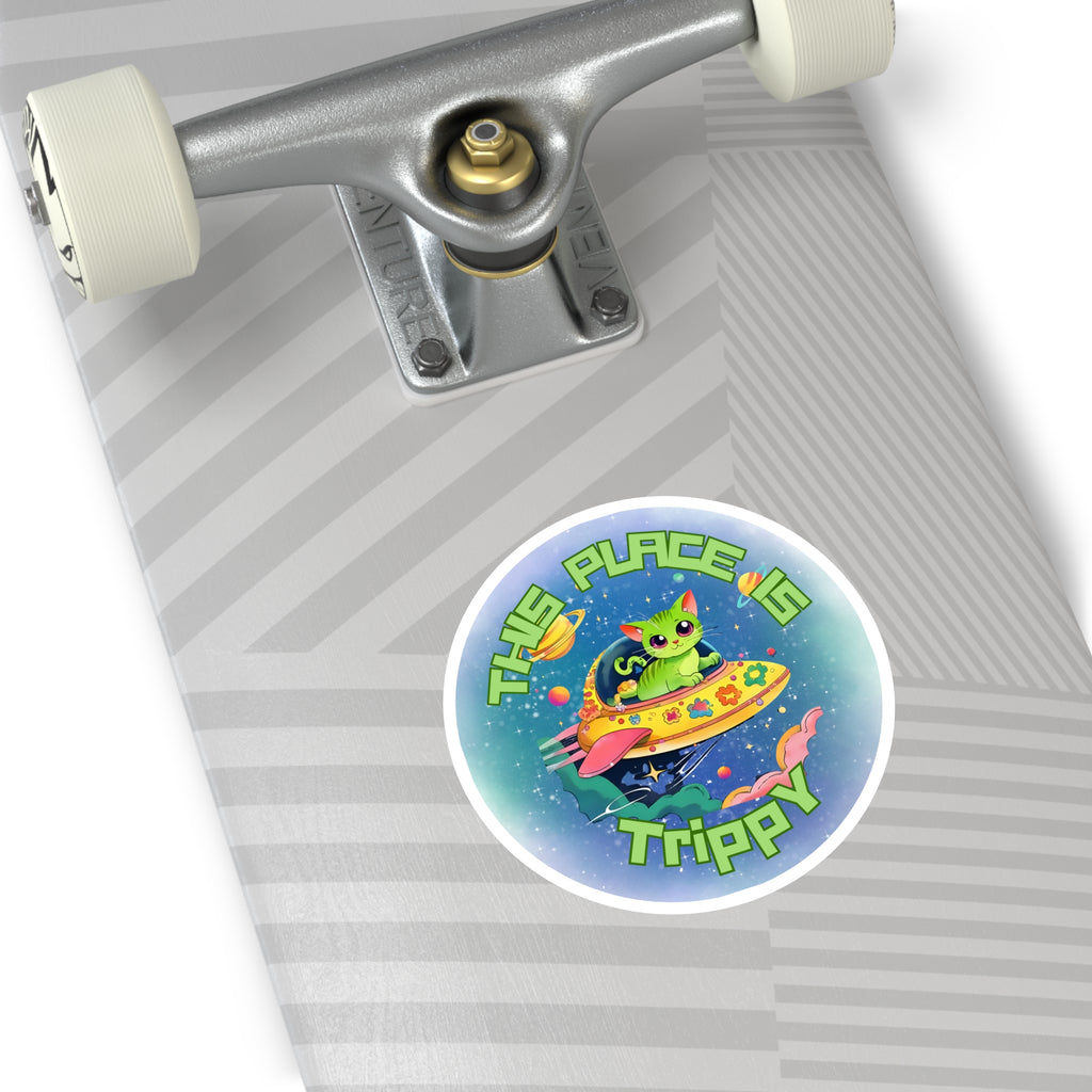 Trippy UFO Cat Stickers, Indoor Outdoor, Laptop Decal, Waterproof Vinyl, Set of 4, Car Bumper, Alien Kitten, Cosmic, Space Cat, Galaxy Kitty