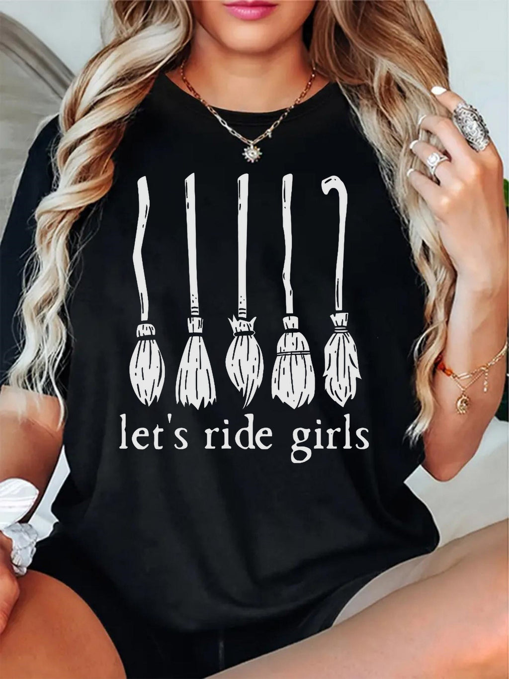 Let's Ride Girls, Witches Women's Soft Knit Halloween T-Shirt